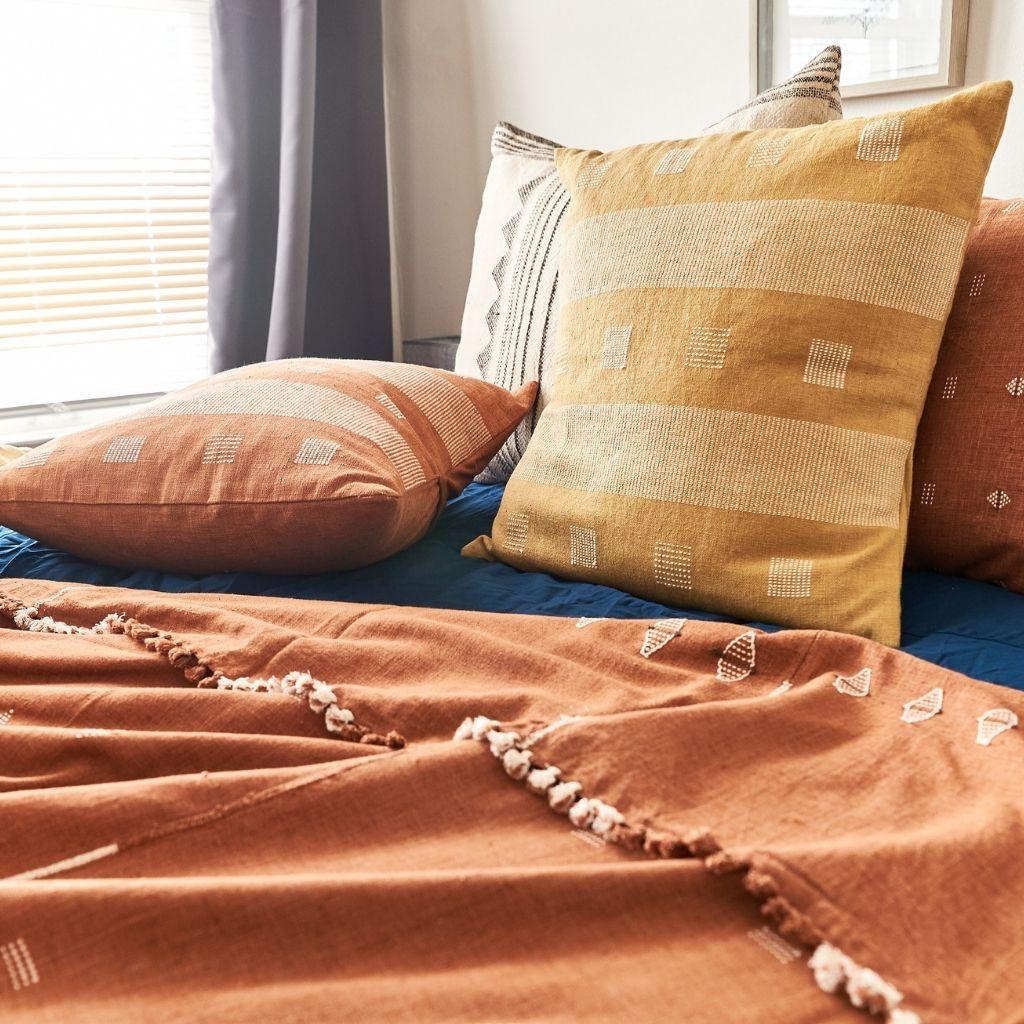 Indian Chokor Nira Ochre Organic Cotton Handloom Pillow in  Geometric Patterns For Sale