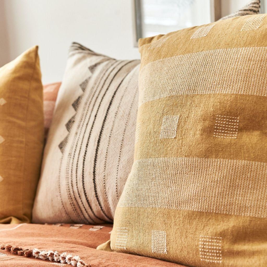 Chokor Nira Ochre Organic Cotton Handloom Pillow in  Geometric Patterns In New Condition For Sale In Bloomfield Hills, MI