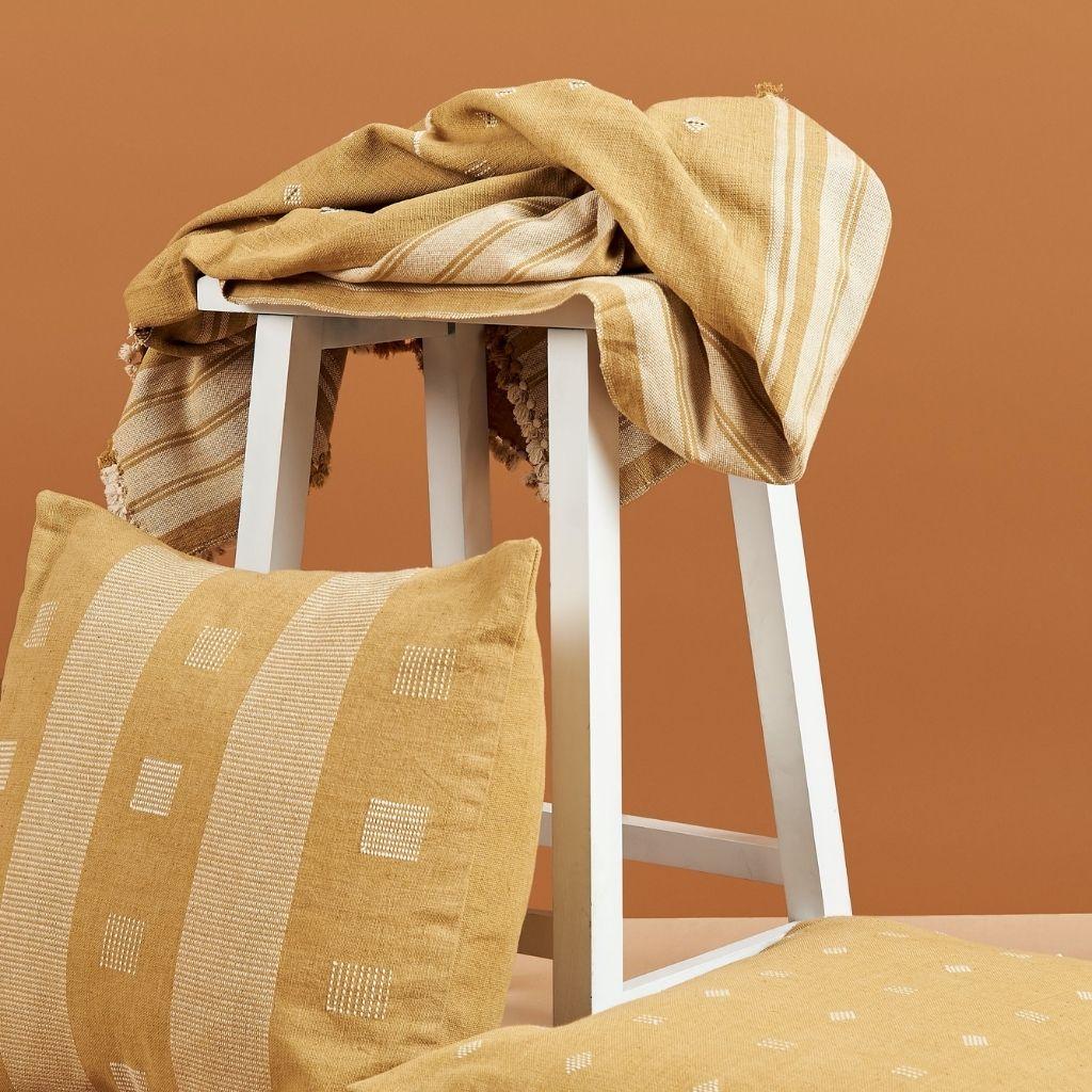 Contemporary Chokor Nira Ochre Organic Cotton Handloom Pillow in  Geometric Patterns For Sale