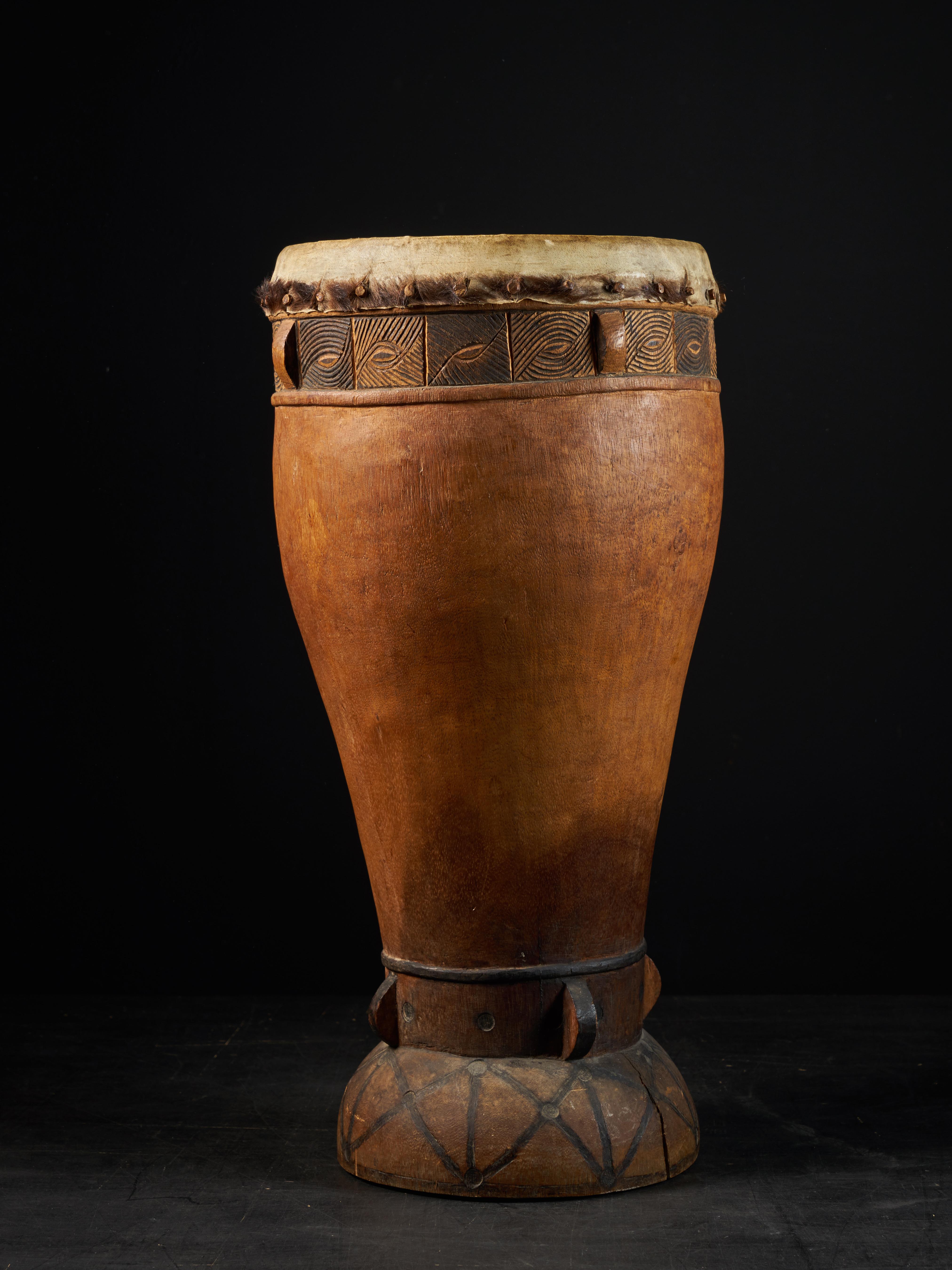 Congolese Chokwe people, DRC, Wooden Drum with inlaid Decorative motifs