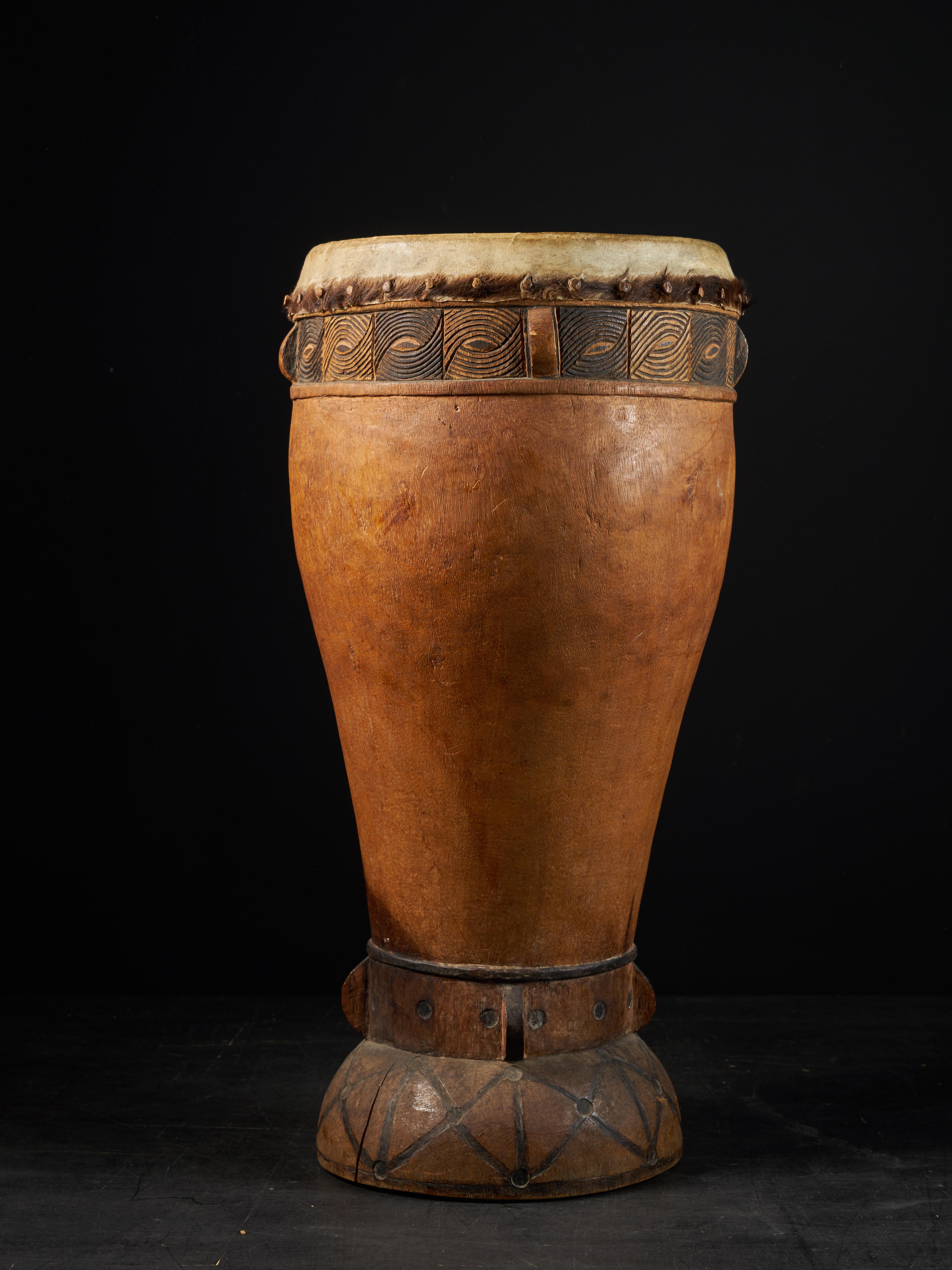 20th Century Chokwe people, DRC, Wooden Drum with inlaid Decorative motifs