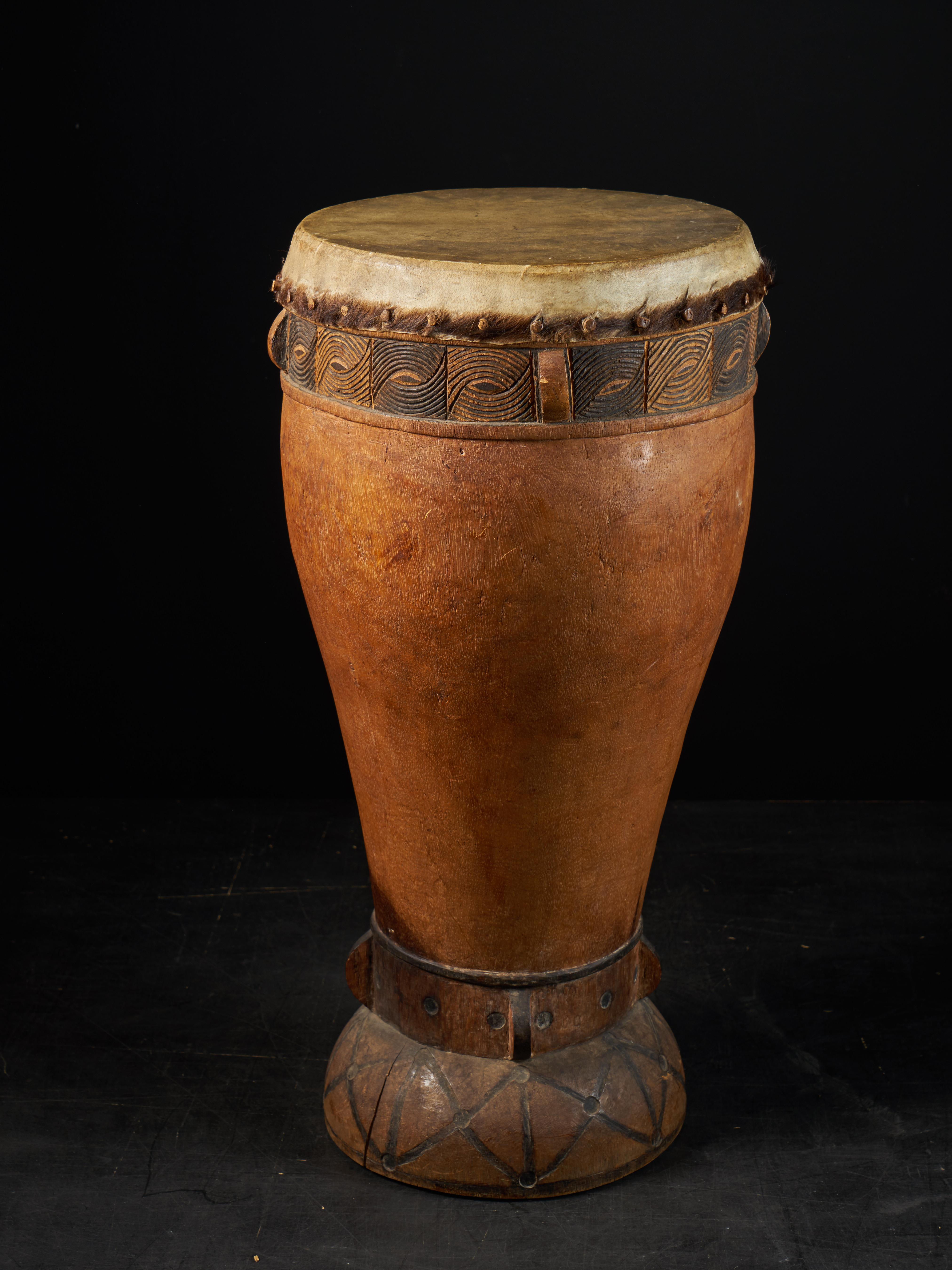Rope Chokwe people, DRC, Wooden Drum with inlaid Decorative motifs