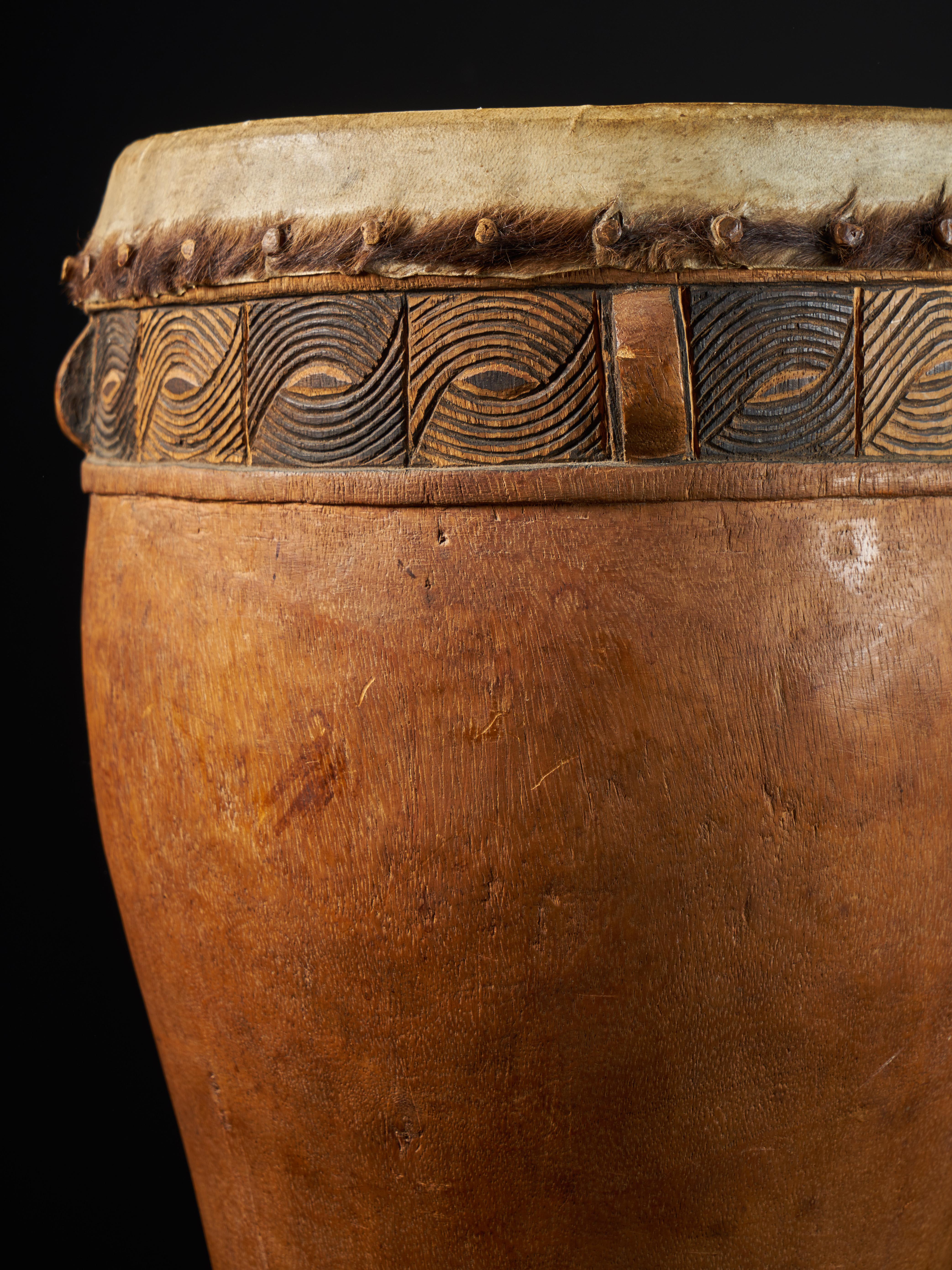 Chokwe people, DRC, Wooden Drum with inlaid Decorative motifs 1