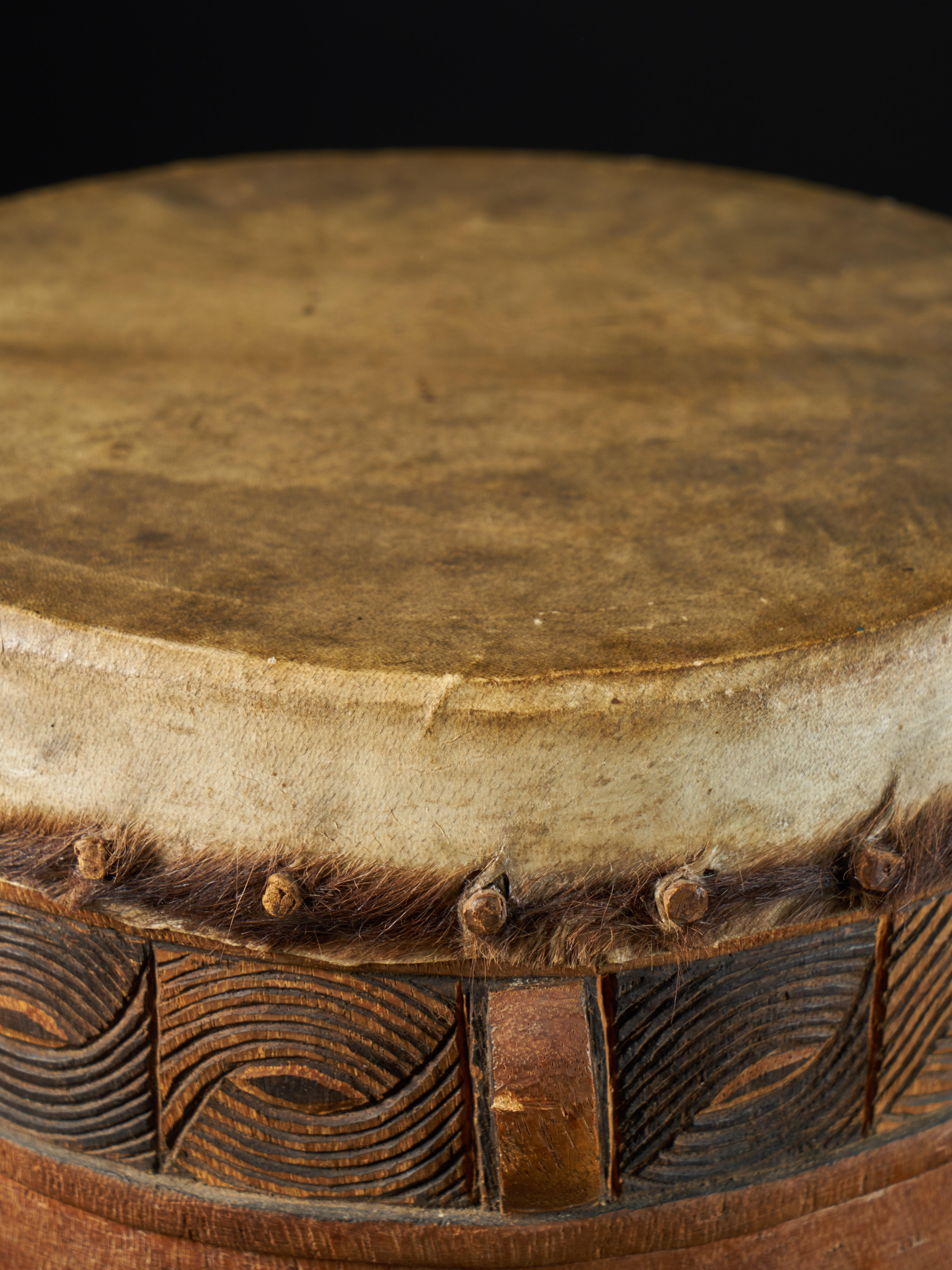 Chokwe people, DRC, Wooden Drum with inlaid Decorative motifs 3