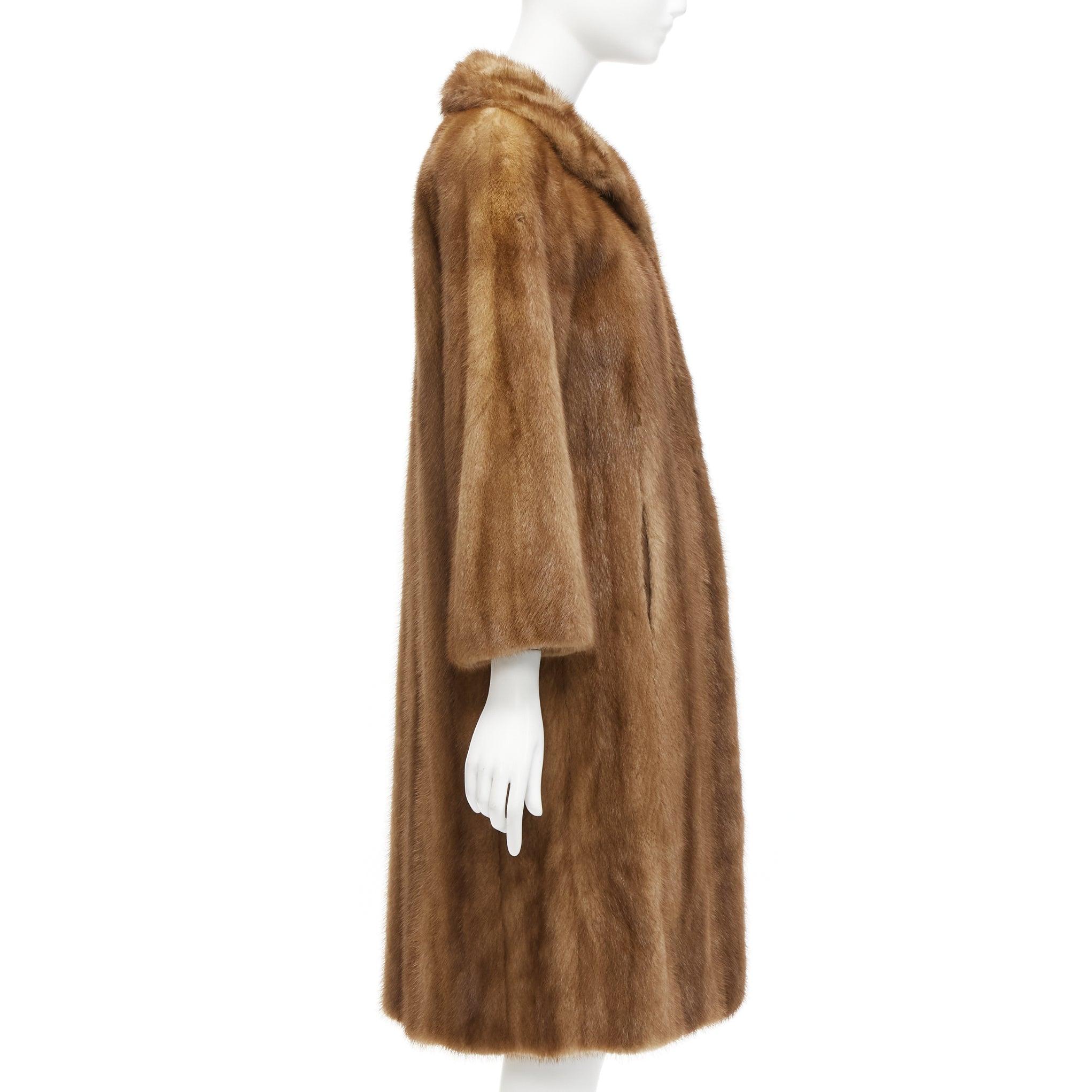Women's CHOMBERT brown genuine fur patched longline collared long sleeve coat For Sale