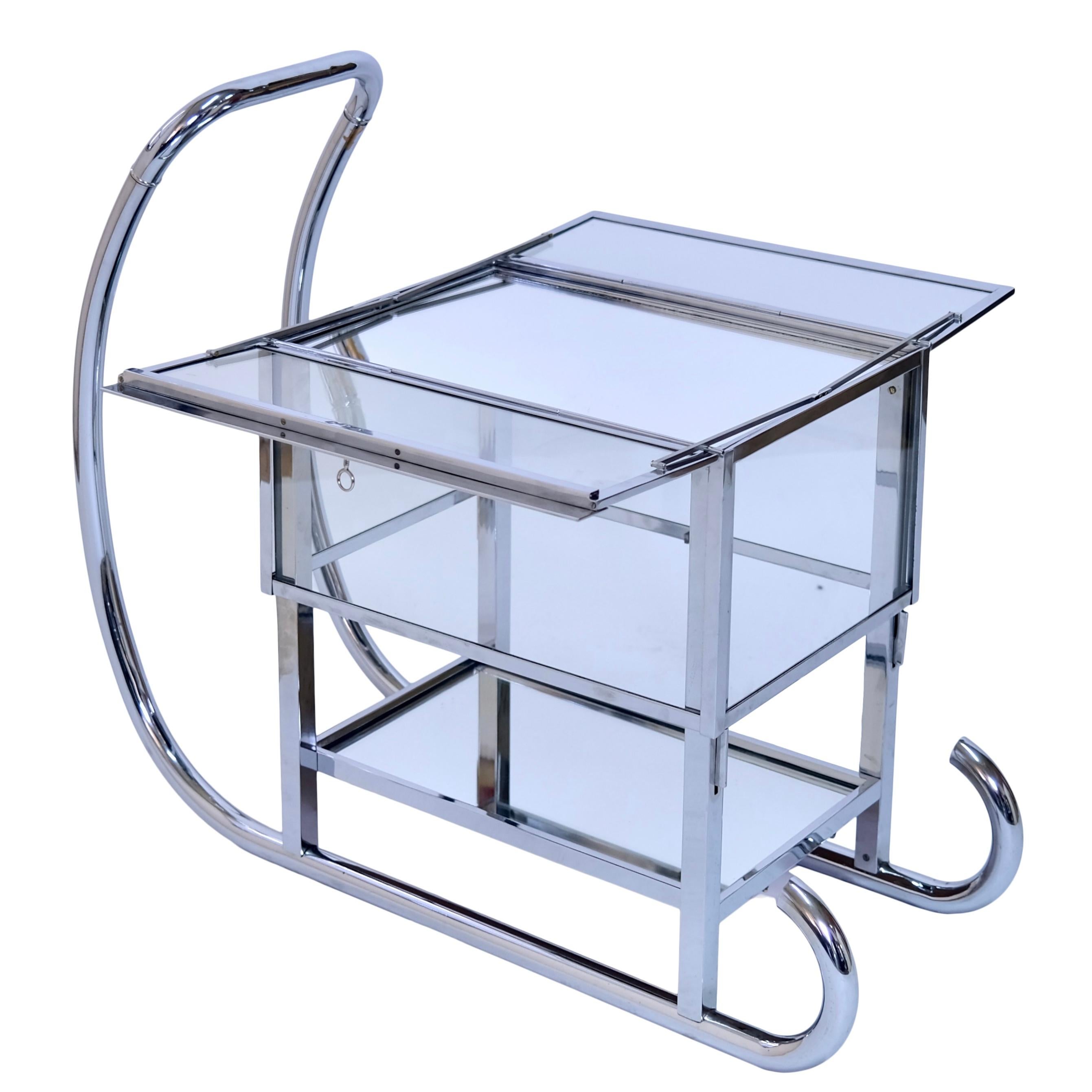 Polychromed Chomed French Art Deco Bar Cart-Sled with Glass Case with Lift by René Herbst