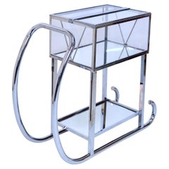 Chomed French Art Deco Bar Cart-Sled with Glass Case with Lift by René Herbst
