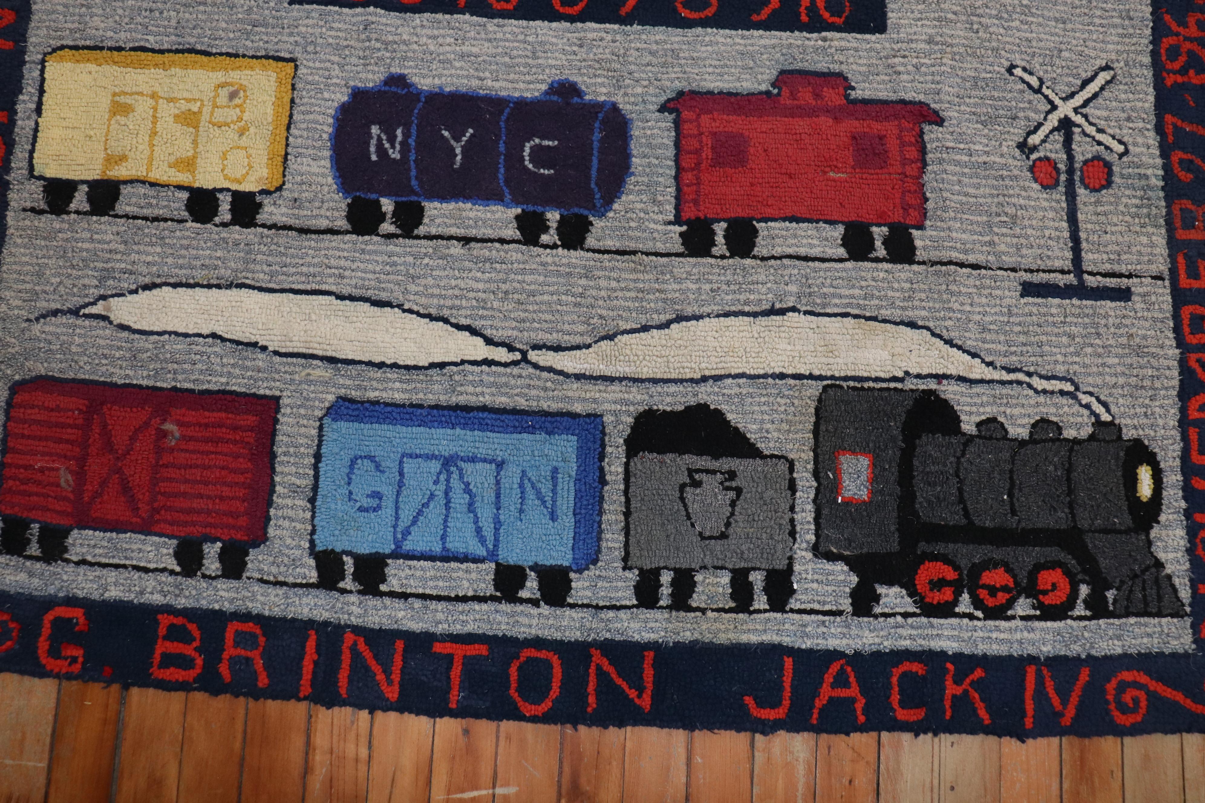 Country Choo Choo Train American Hooked Pictorial Rug, 20th Century For Sale