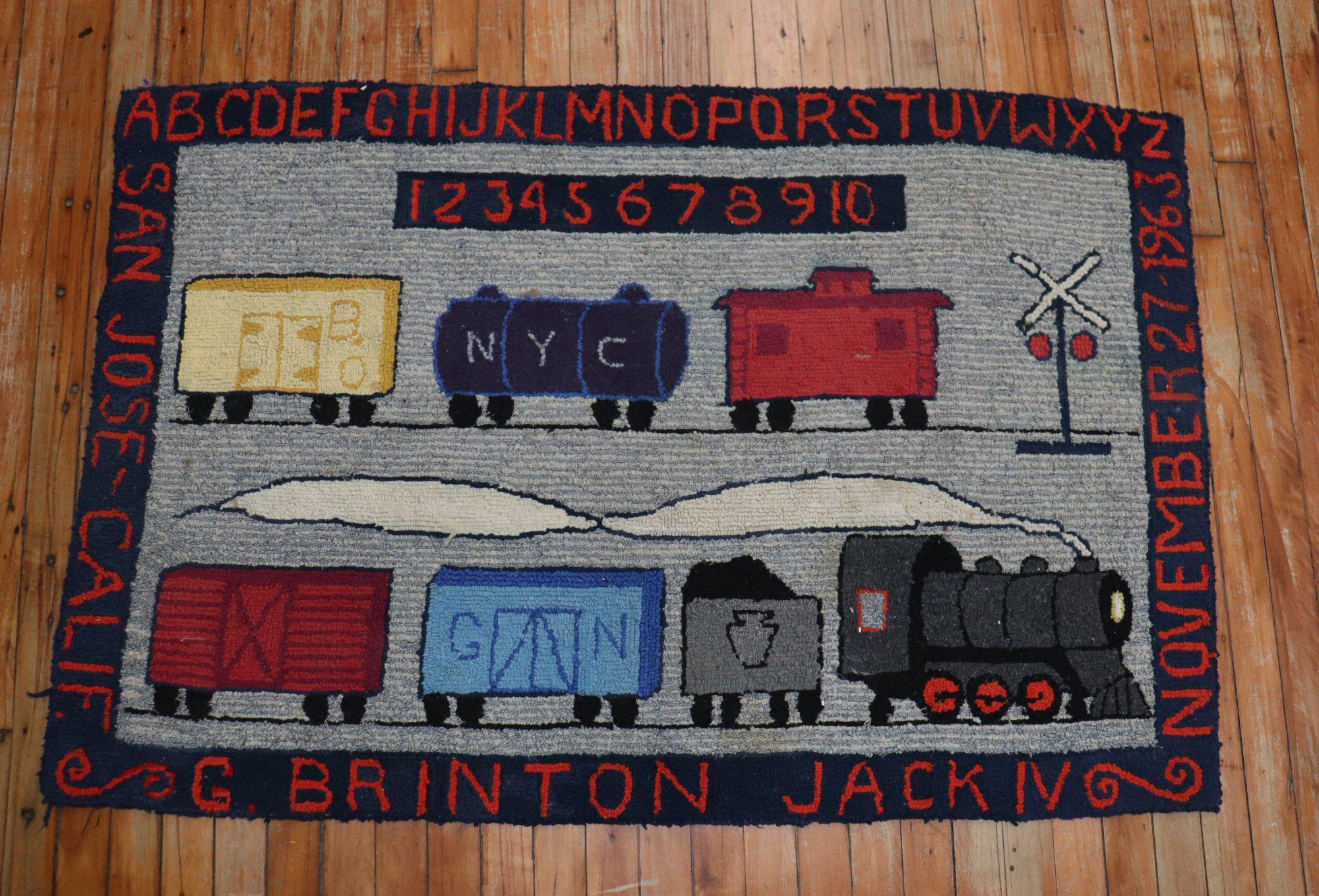 Mid-20th Century Choo Choo Train American Hooked Pictorial Rug, 20th Century For Sale