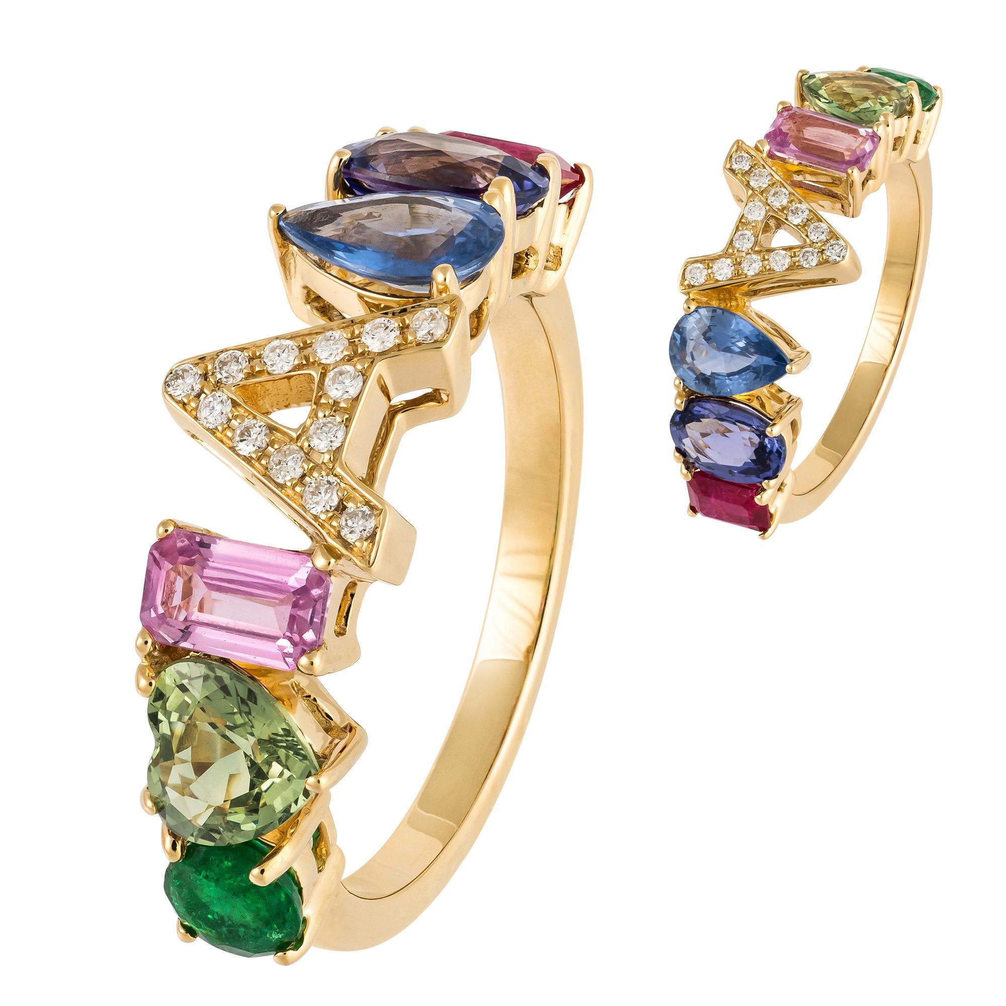 Round Cut Choose Your Letter in This Multisapphire Diamond Yellow Gold 18K Ring for Her For Sale