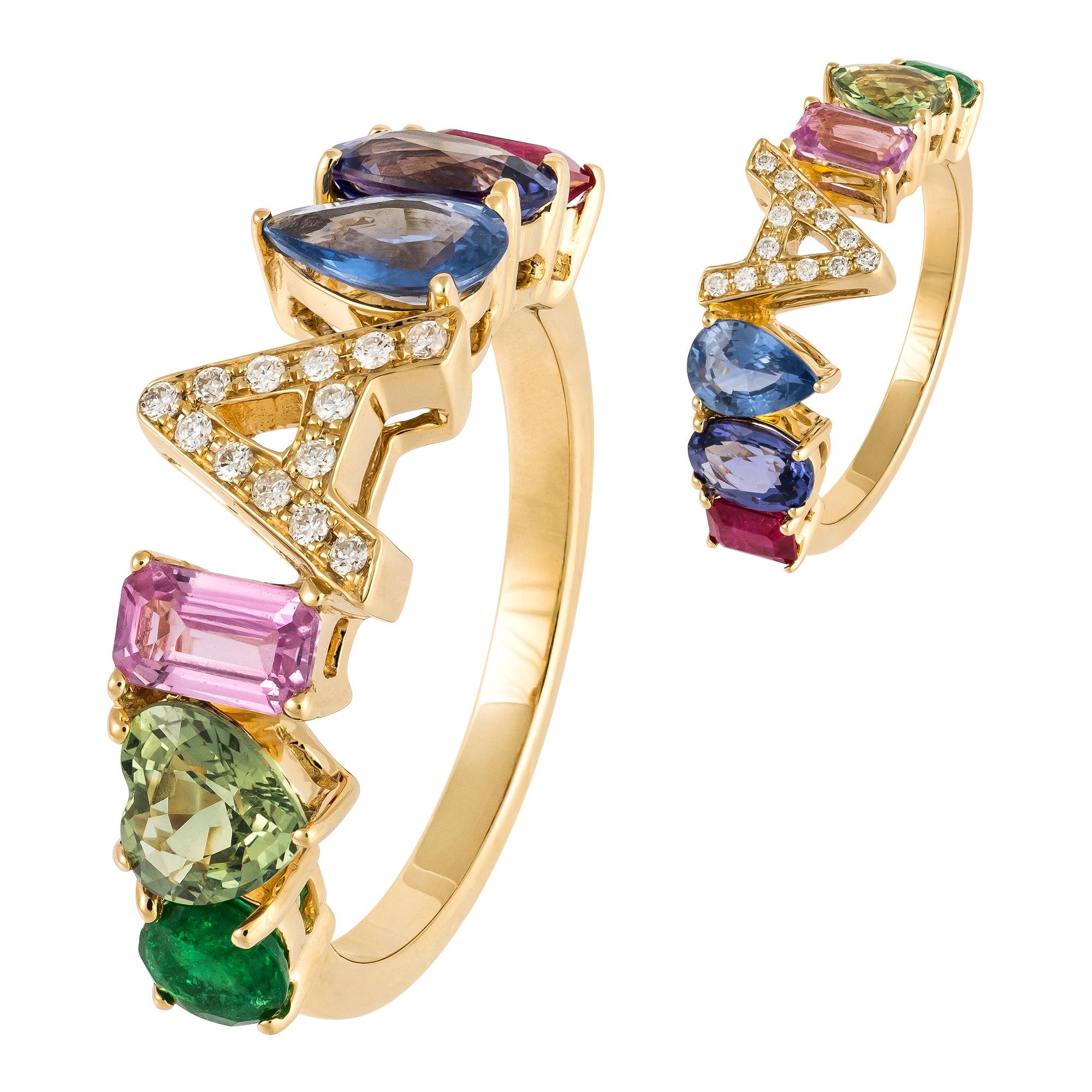 Choose Your Letter in This Multisapphire Diamond Yellow Gold 18K Ring for Her For Sale