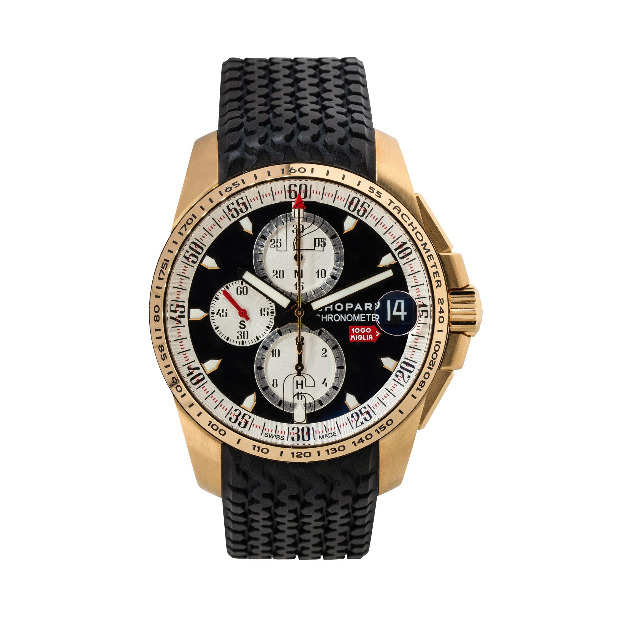 Company: Chopard
Model: Mille Miglia GT XL
Case Material: 18k Rose Gold
Case Diameter: 44mm
Size: Will Fit an 7.5