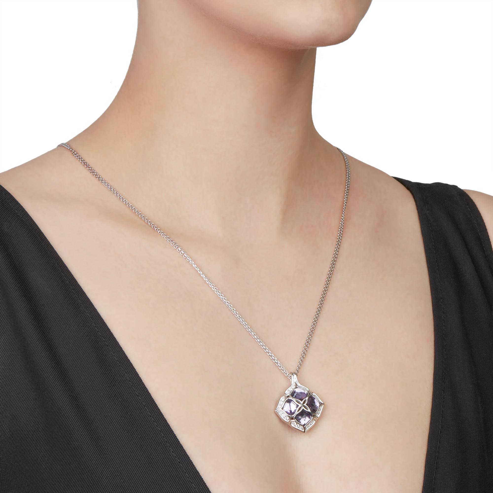 This Necklace by Chopard is from their Imperiale collection and features 4 Amethysts & 26 round brilliant cut Diamonds of 0.50ct total colour G, clarity VS, made in 18k White Gold. The Necklace has a secure lobster clasp. Complete with Xupes