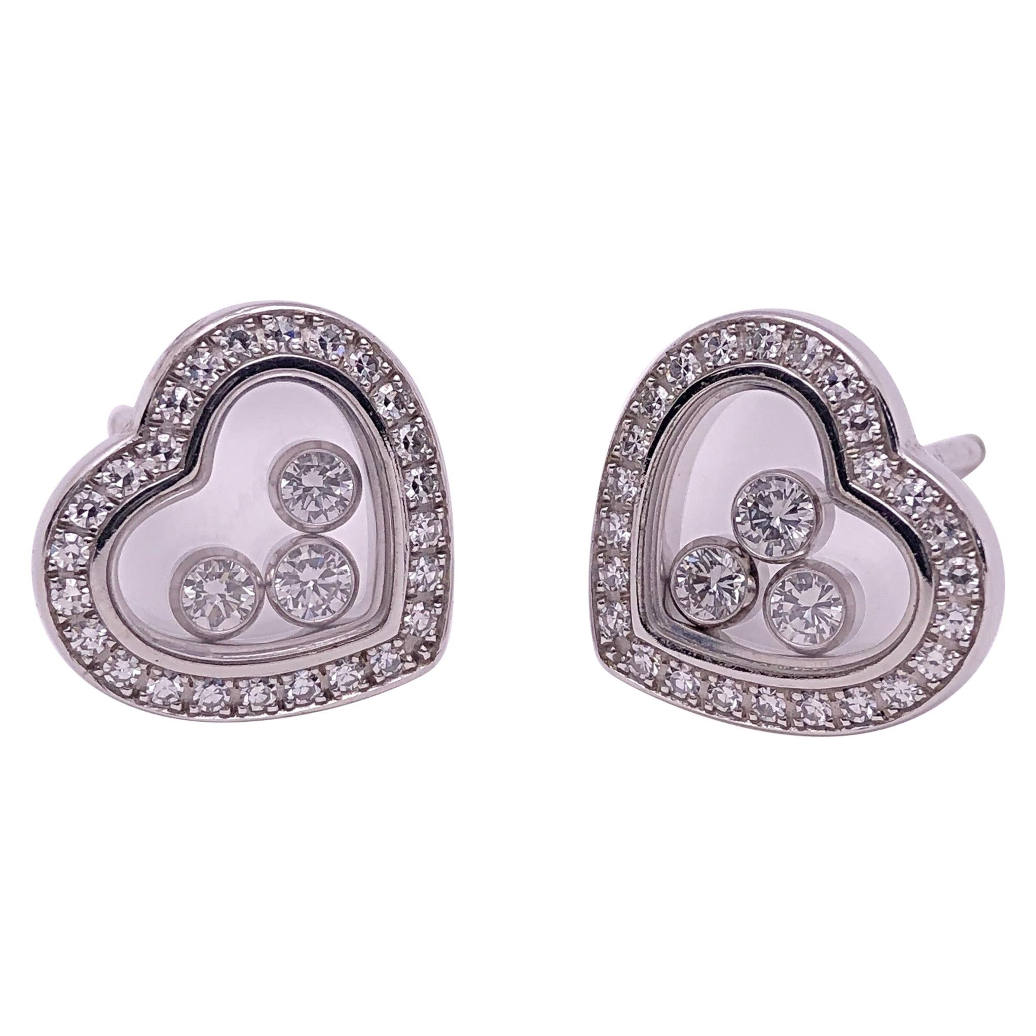 Chopard 18 Karat Gold Happy Diamond Heart Stud Earrings with 3 Floating Diamonds For Sale