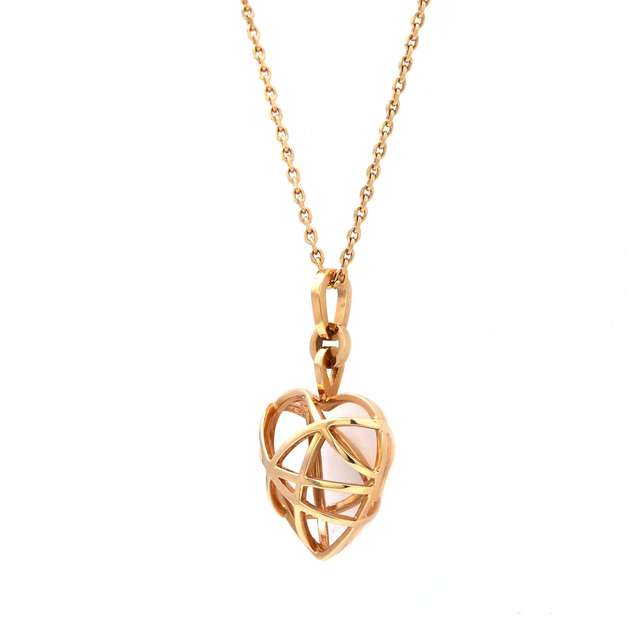 The Chopard 18K Rose Gold 3D cage like Heart pendant with chain necklace from the Guli Collection. Its a stunning, creative, and eye catching design for the pendant to resemble a heart.
The Pendant can we worn on a different necklace.
The chain is