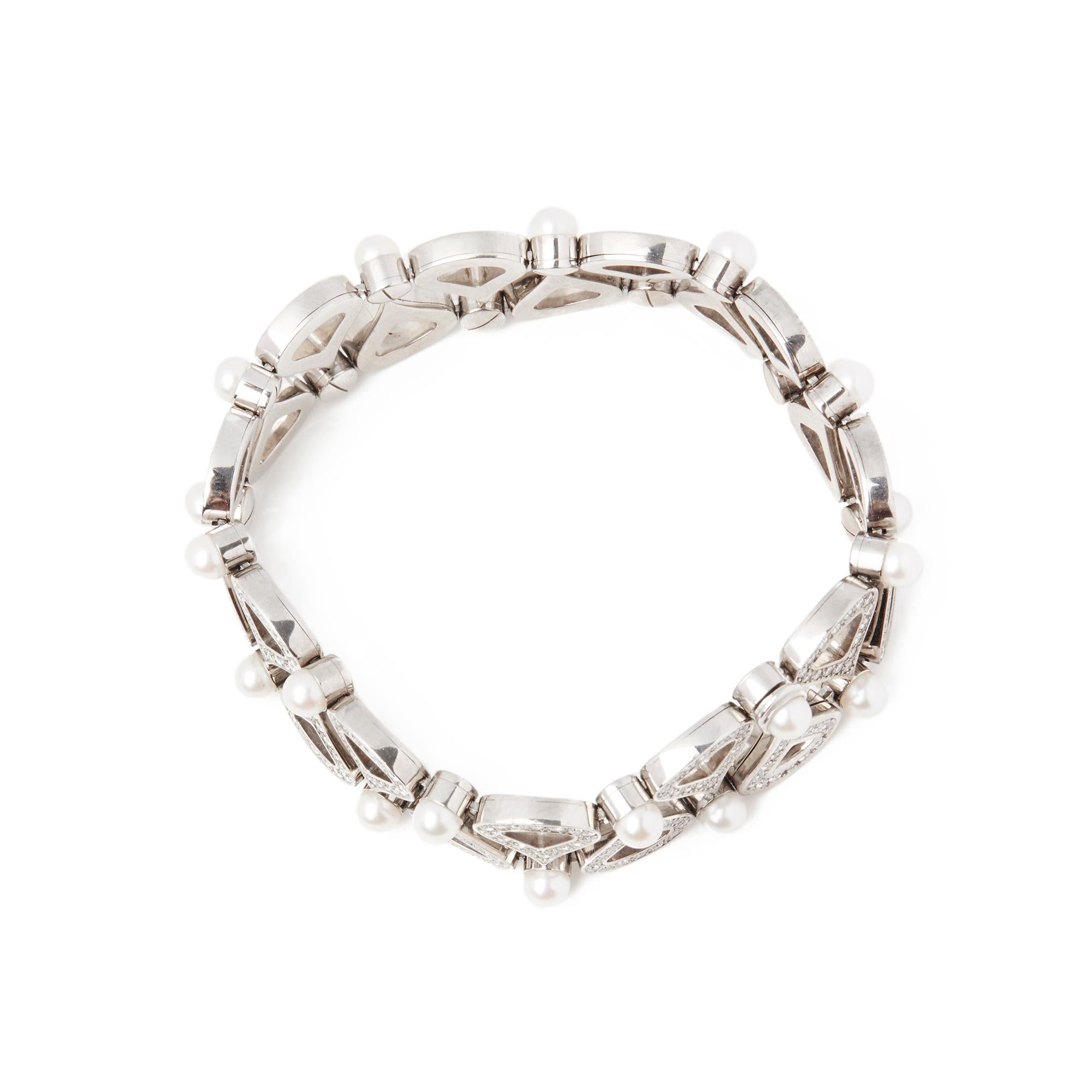 Round Cut Chopard 18 Karat White Gold Cultured Pearl and Diamond Bracelet