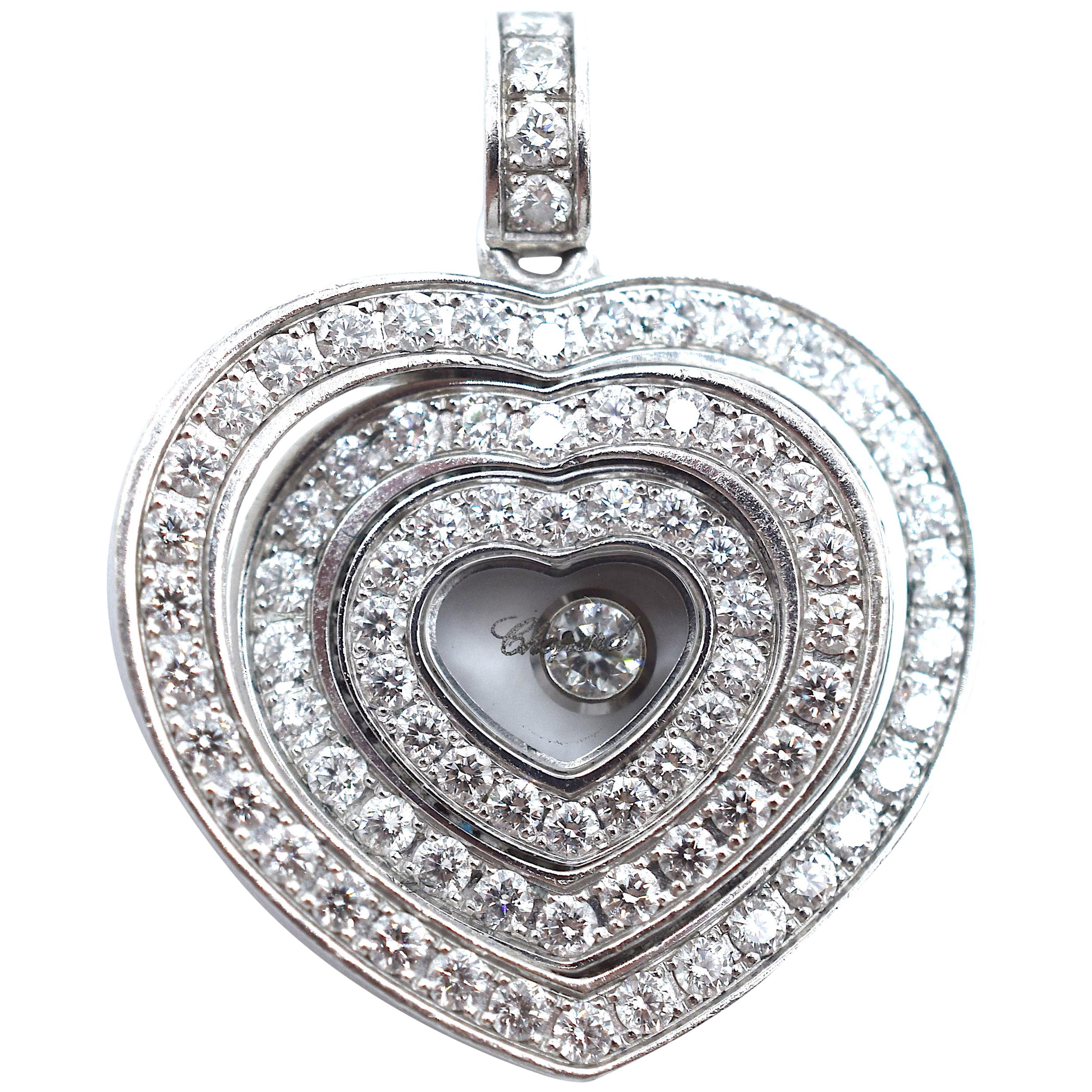 Chopard 18 Karat White Gold Heart Shaped Pave Diamond Happy Spirit Necklace