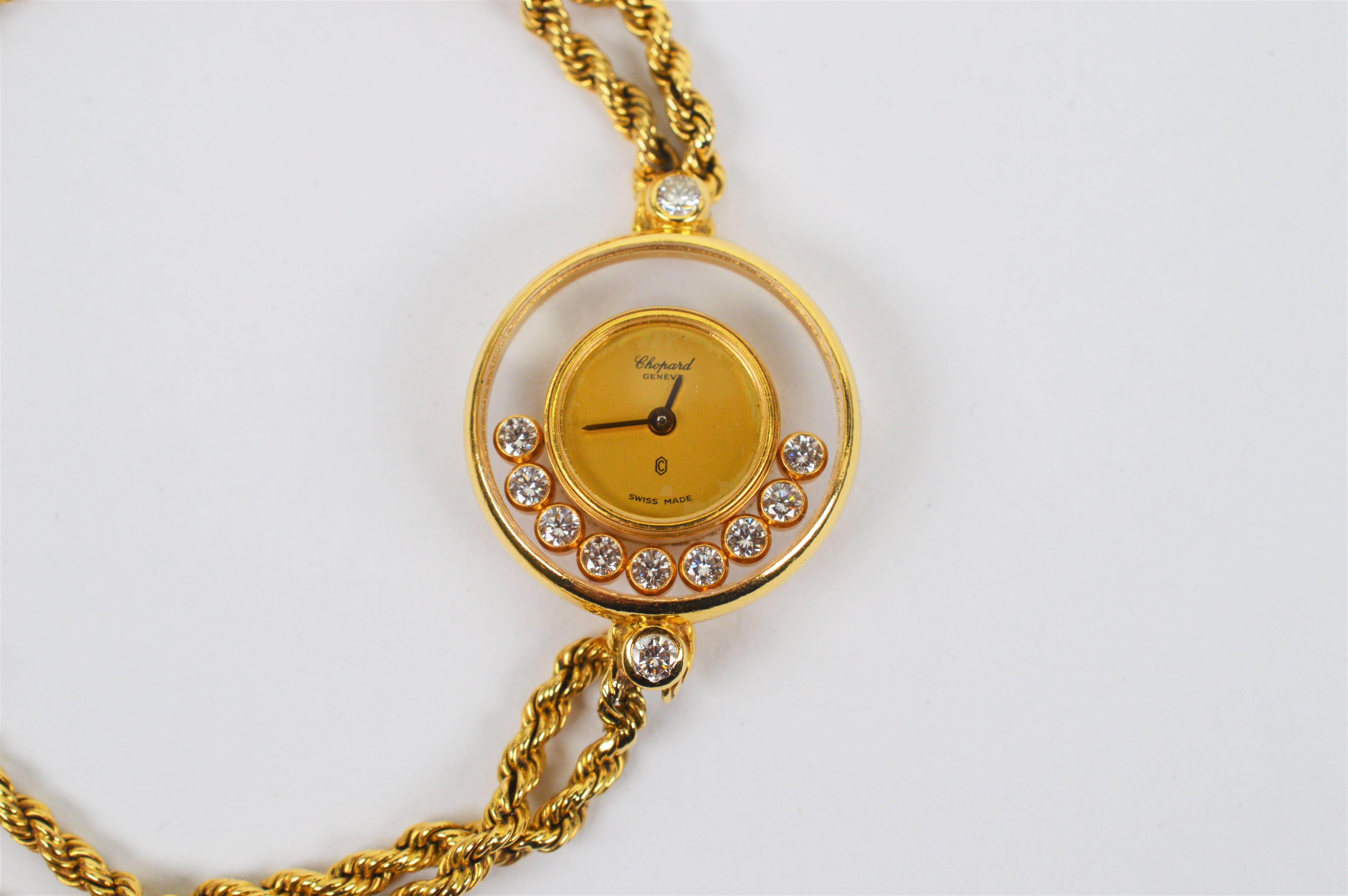 Round Cut Chopard 18 Karat Yellow Gold Happy Diamond Bracelet Watch For Sale