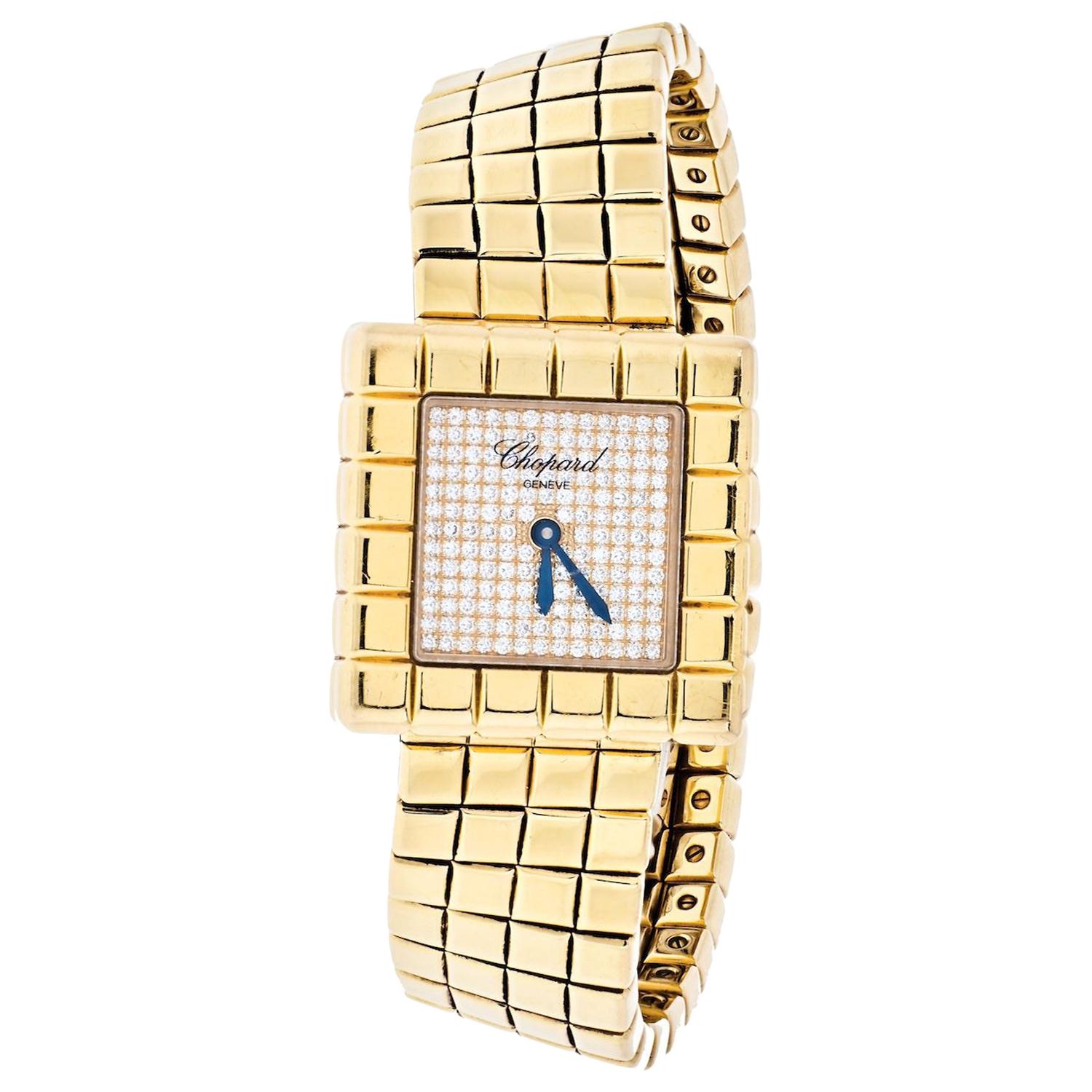 Chopard 18 Karat Yellow Gold Ice Cube Square Diamond Dial Watch