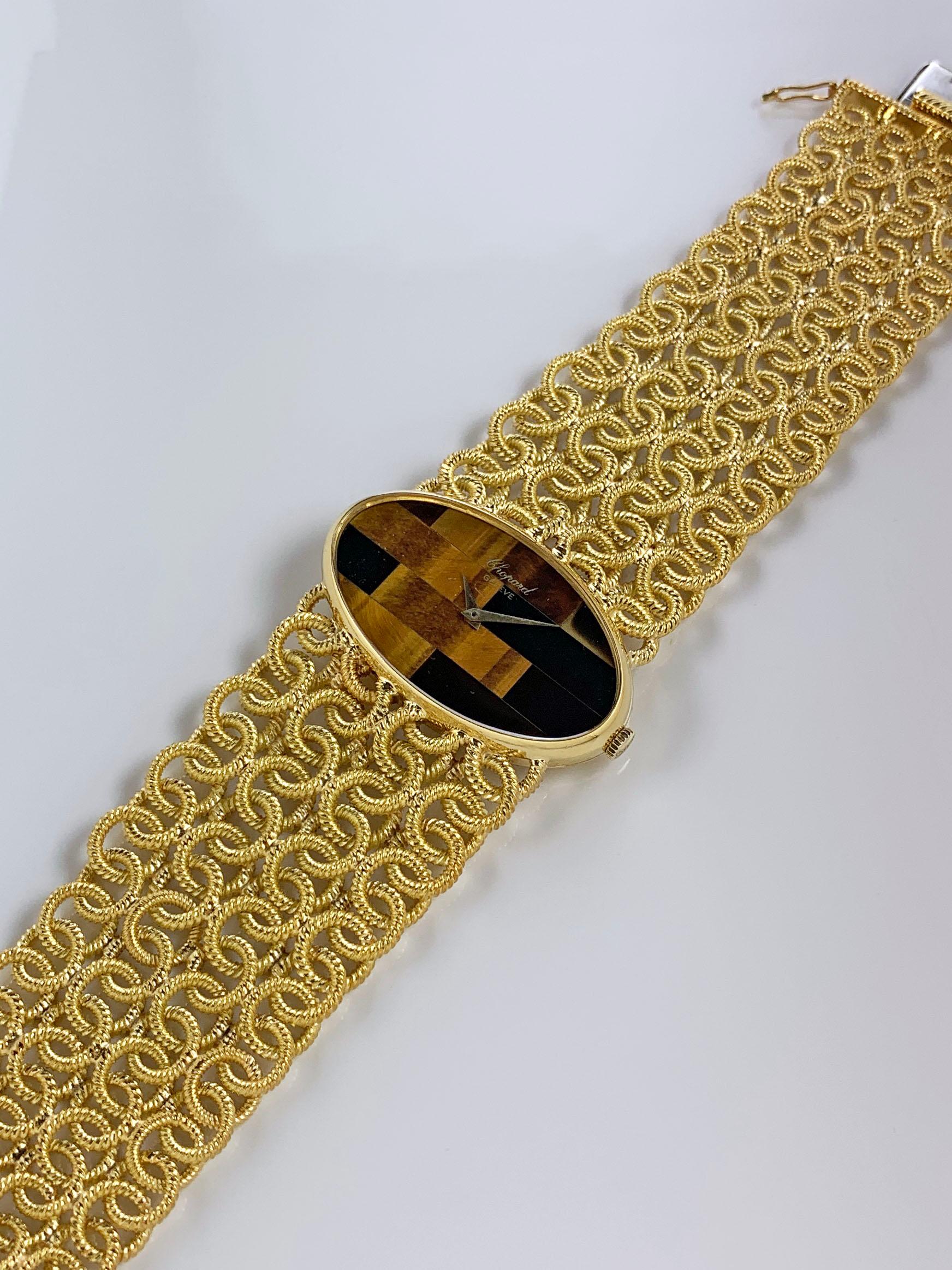 Chopard 18 Karat Yellow Gold Tiger's Eye Bracelet Watch, 1970s In Good Condition For Sale In New York, NY