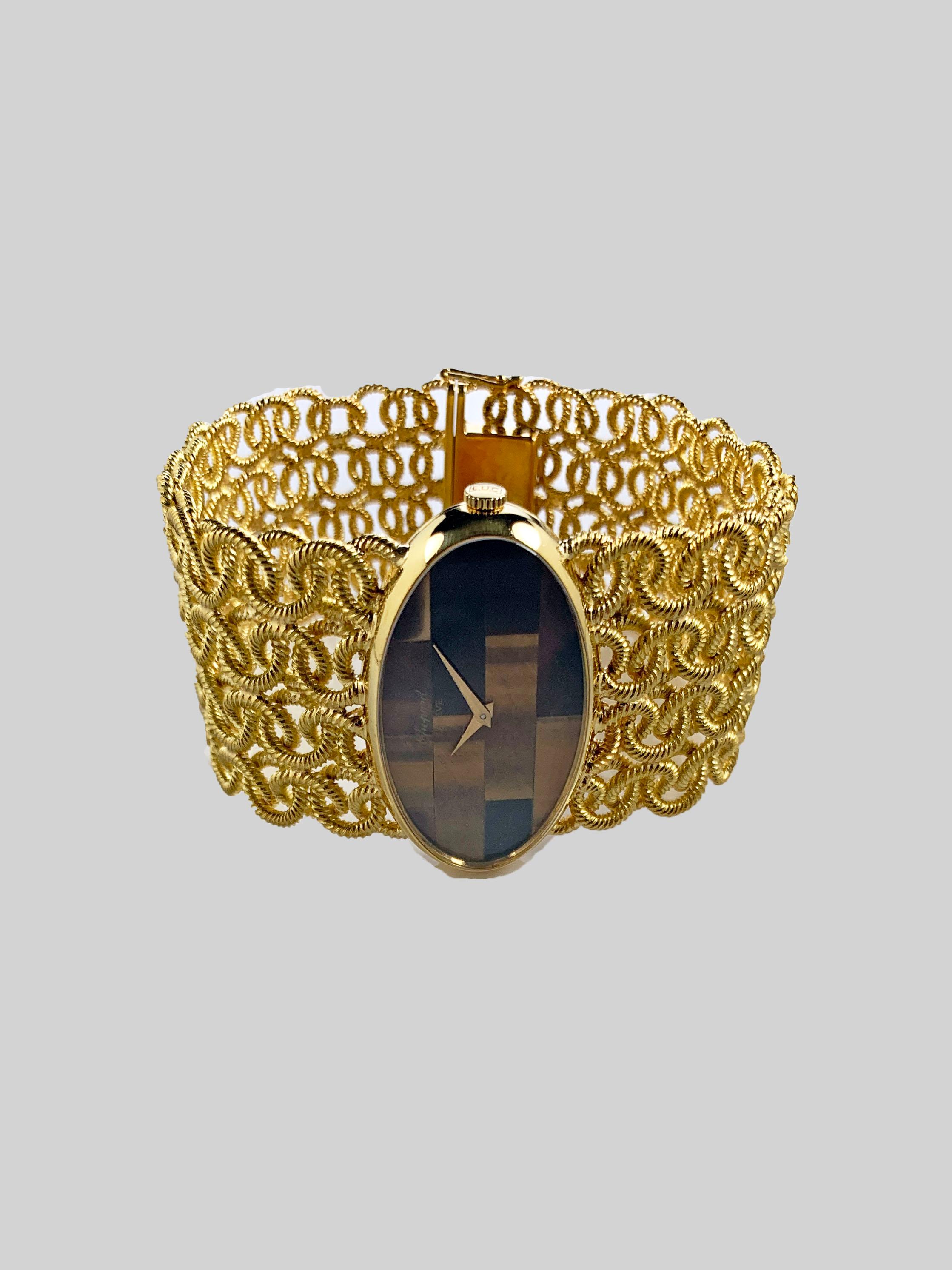 Chopard 18 Karat Yellow Gold Tiger's Eye Bracelet Watch, 1970s For Sale 1