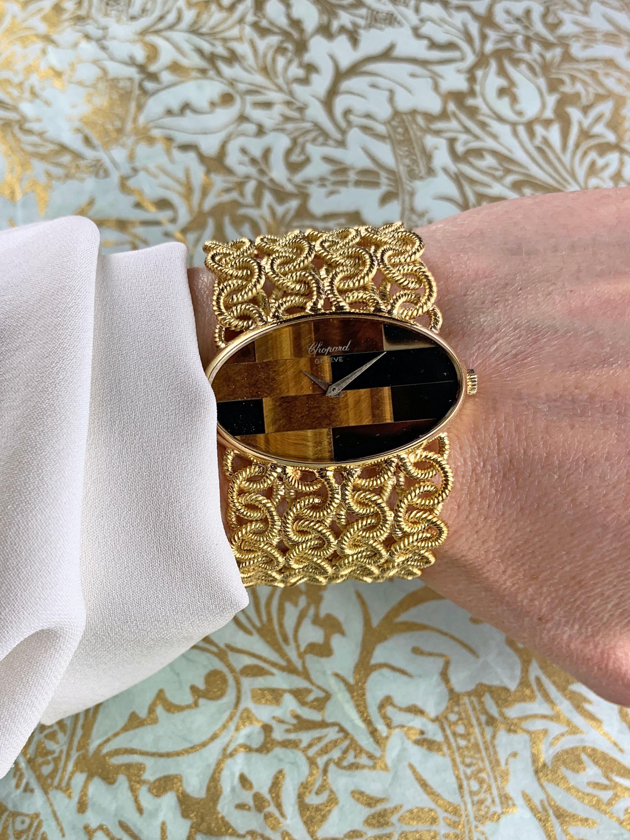 Chopard 18 Karat Yellow Gold Tiger's Eye Bracelet Watch, 1970s For Sale 5