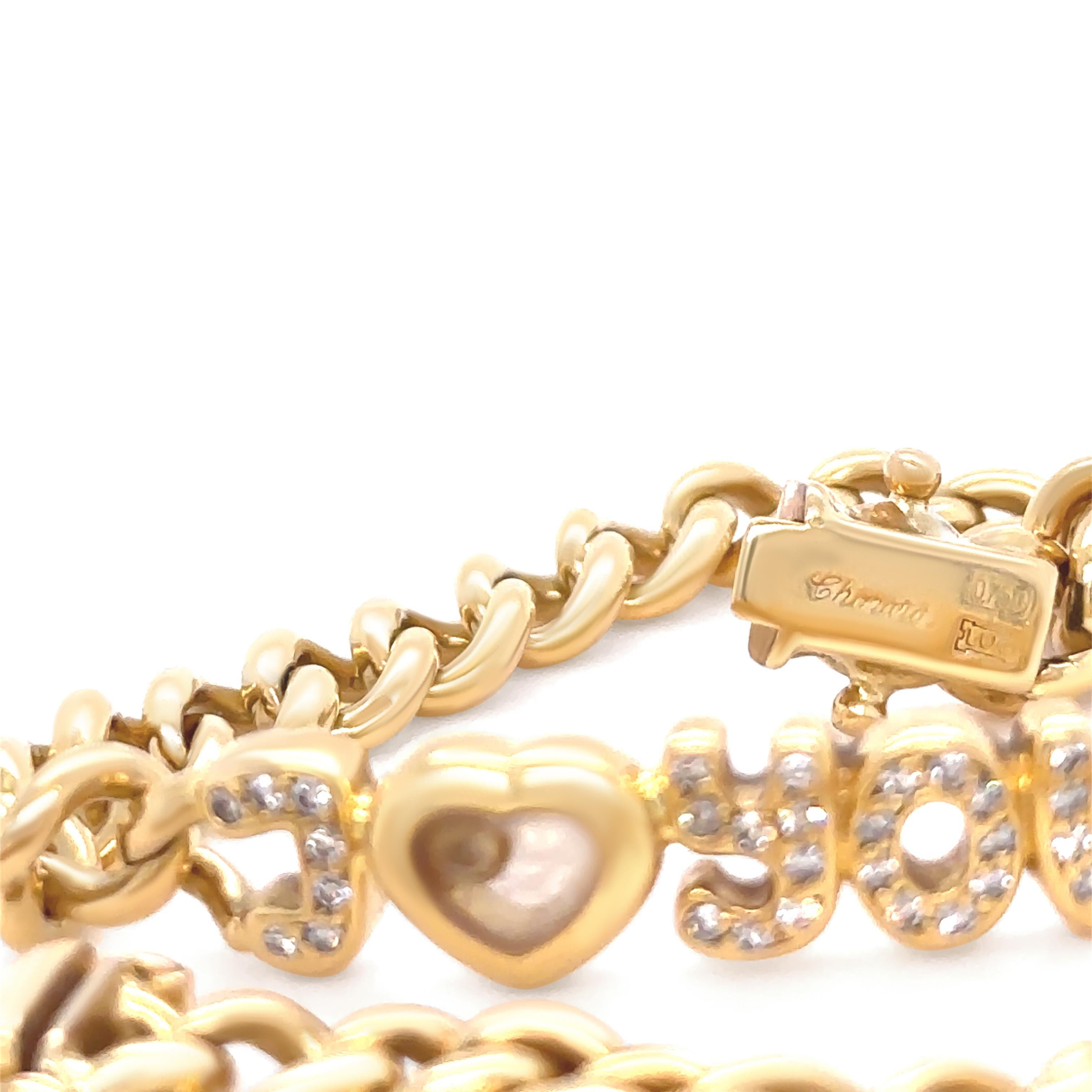 This luxurious Chopard bracelet is masterfully crafted in 18ct yellow gold and adorned with 34 round brilliant cut diamonds, radiating exceptional sparkle and sophistication. Measuring 6–8mm in width and 7 inches in length, it offers a comfortable