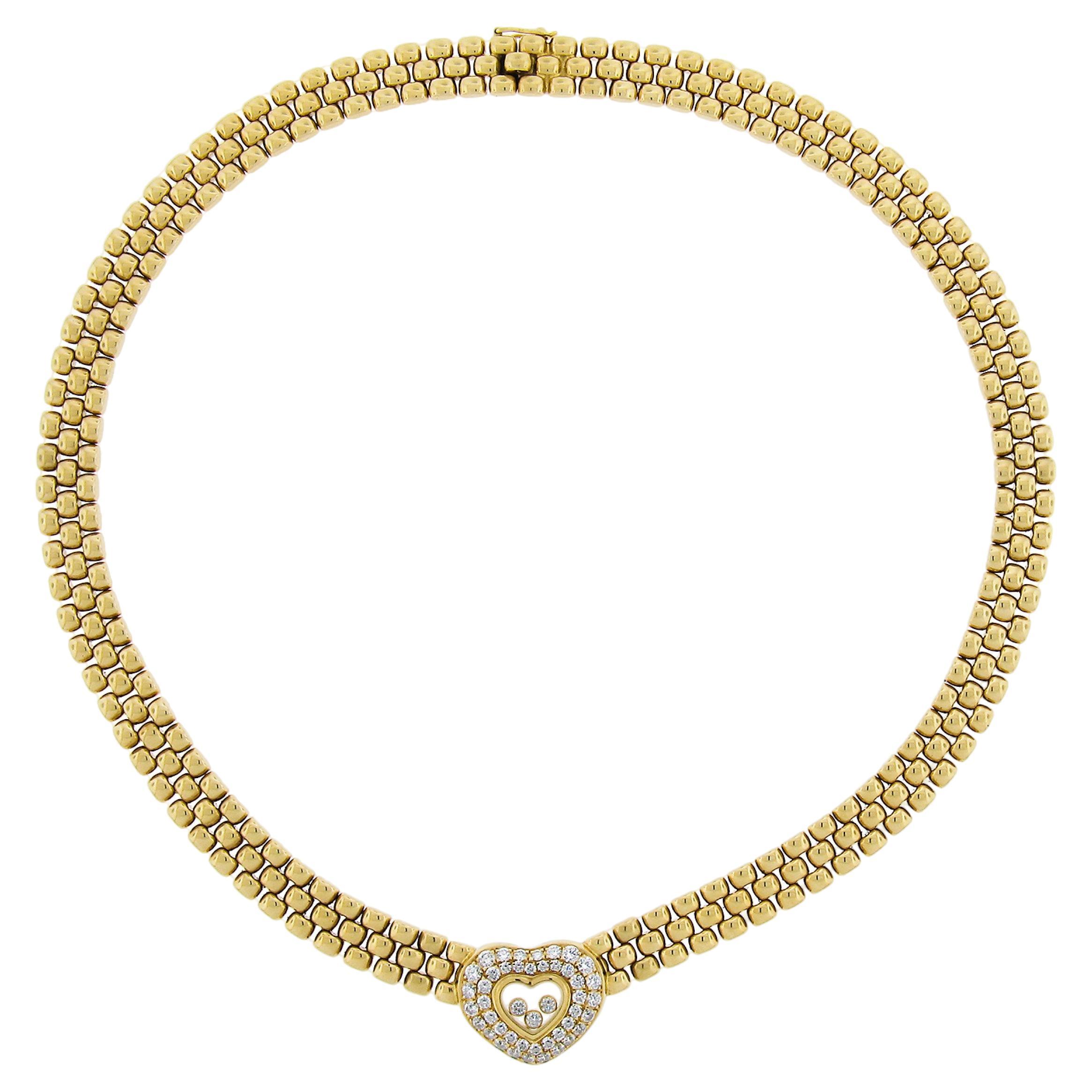 Chopard 18K Gold Happy Diamond Heart Necklace 16.2" Three Row Panther Link Chain For Sale