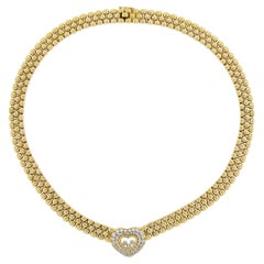 Chopard 18K Gold Happy Diamond Heart Necklace 16.2" Three Row Panther Link Chain