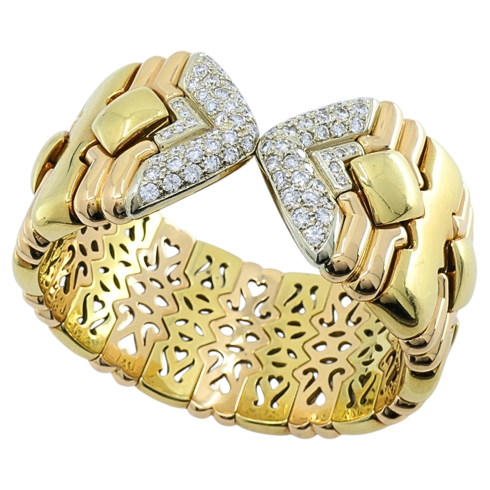 Chopard 18k Gold Multicolor Flexible Diamond Pavé Cuff Bracelet, 1970s For Sale
