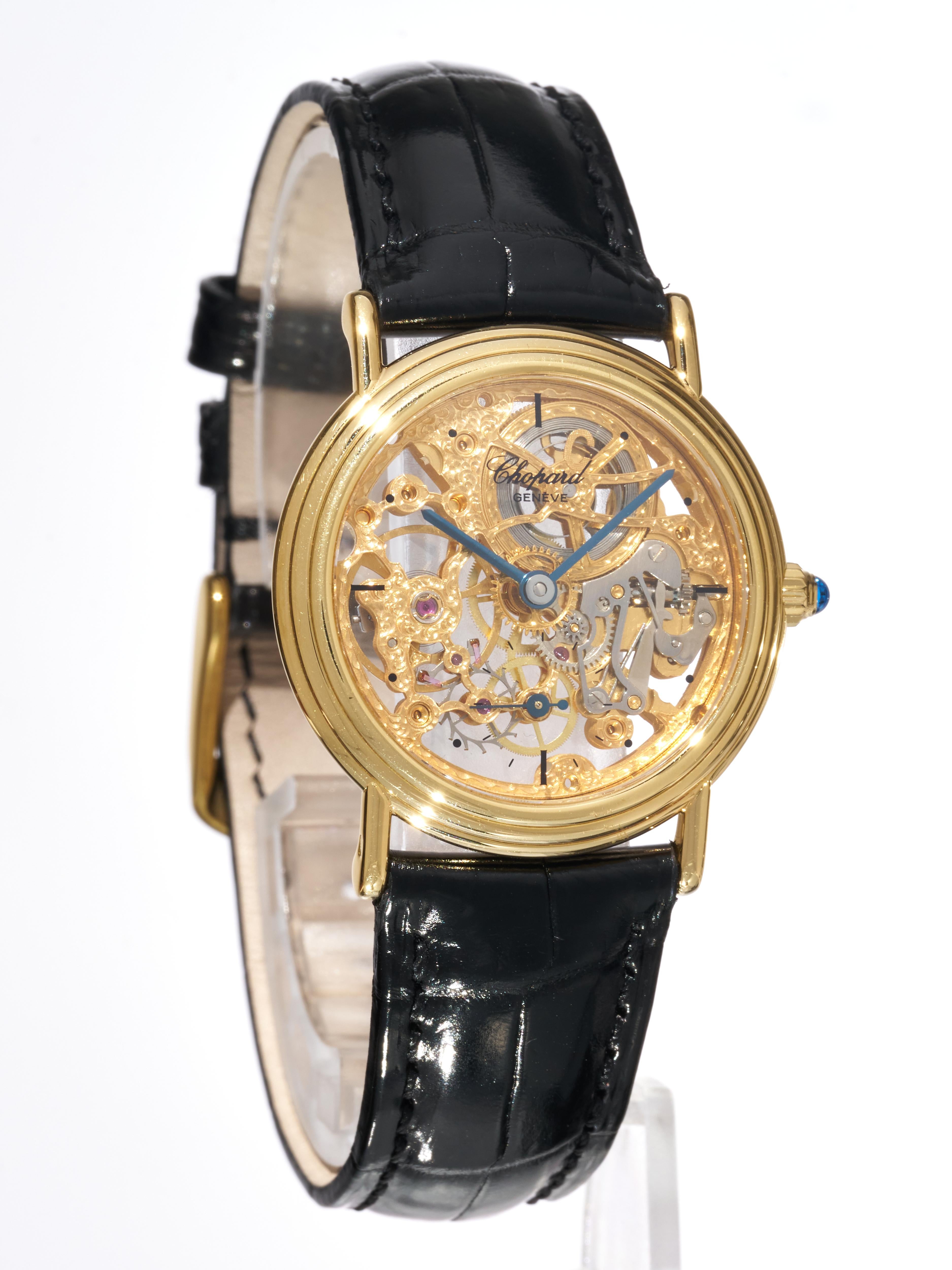 Fork In Time è orgogliosa di offrire sul mercato 1st Dibs:

Chopard

Orologio da sera scheletrico
Cassa in oro giallo 18 carati

Vintage anni '80 circa 

30 mm di larghezza della cassa [32 mm compresa la corona].
Spessore sottile di 6 mm

Carica