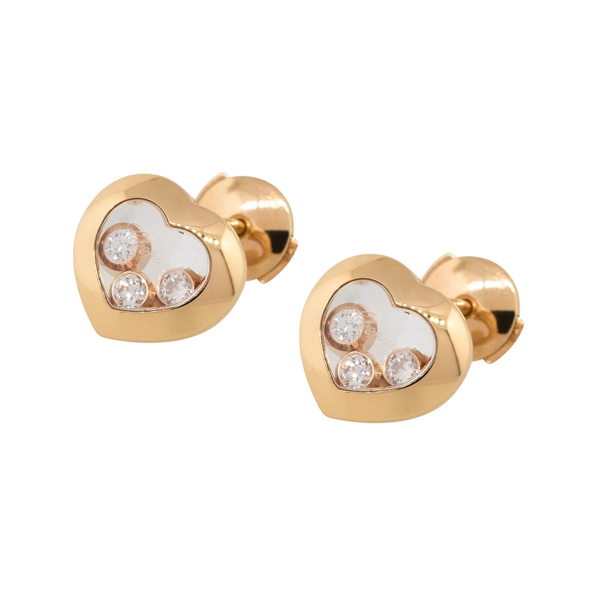 Designer: Chopard
Material: 18k Rose Gold
Diamond Details: Approx. 0.30ctw of round Diamonds. Diamonds are G/H in color and VS in clarity
Measurements: 12.3mm x 9.4mm x 10.2mm
Earrings Backs: Tension posts
Total Weight: 5.2g (3.3dwt) 
Additional