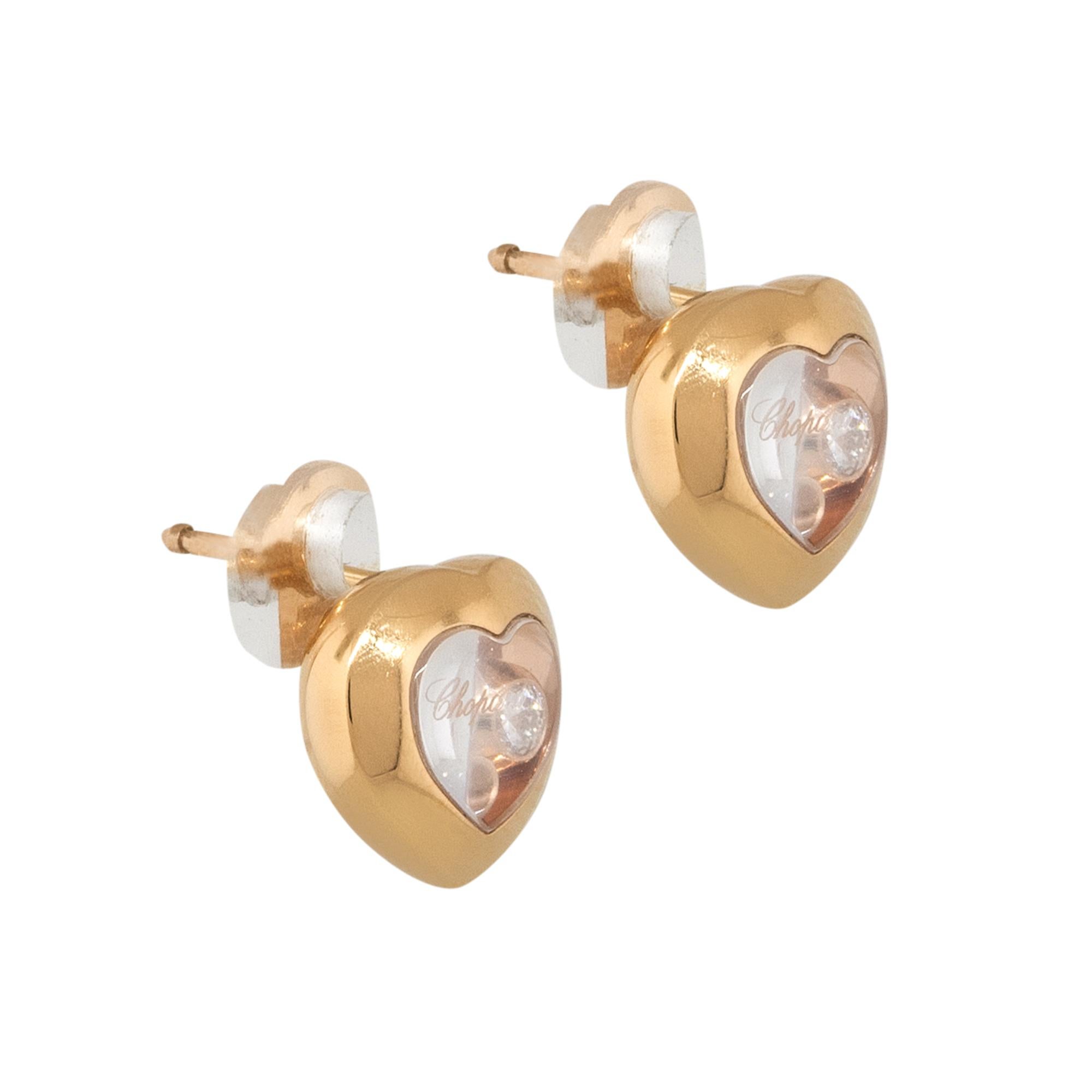 Round Cut Chopard 18k Rose Gold Happy Diamond Heart Earrings
