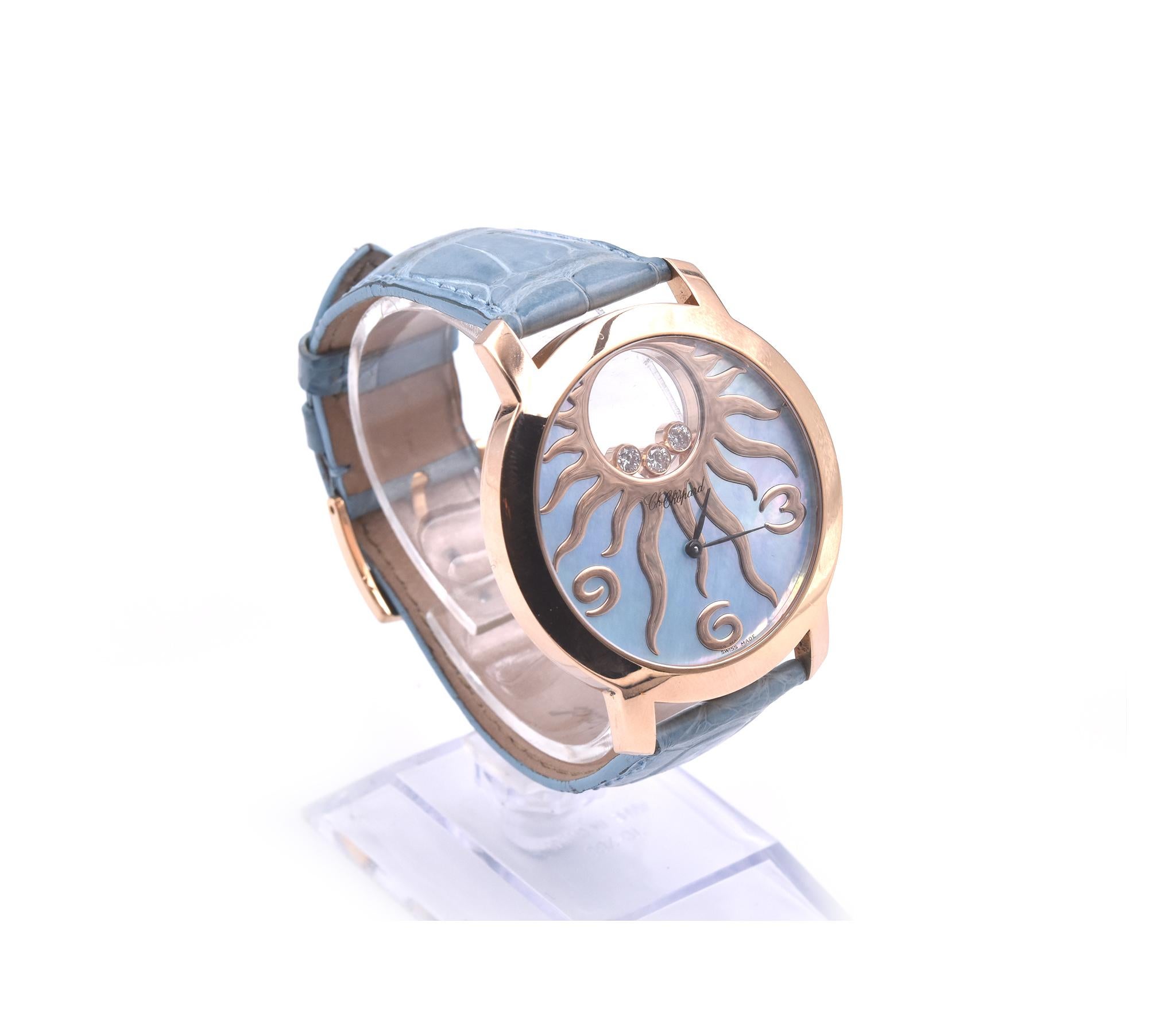 Movement: quartz
Function: hours, minutes
Case: 40mm 18k rose gold case, sapphire protective crystal, pull/push crown, water resistant to 30m
Band: blue leather band with 18k rose gold tang buckle
Dial: blue mother of pearl with rose gold Arabic