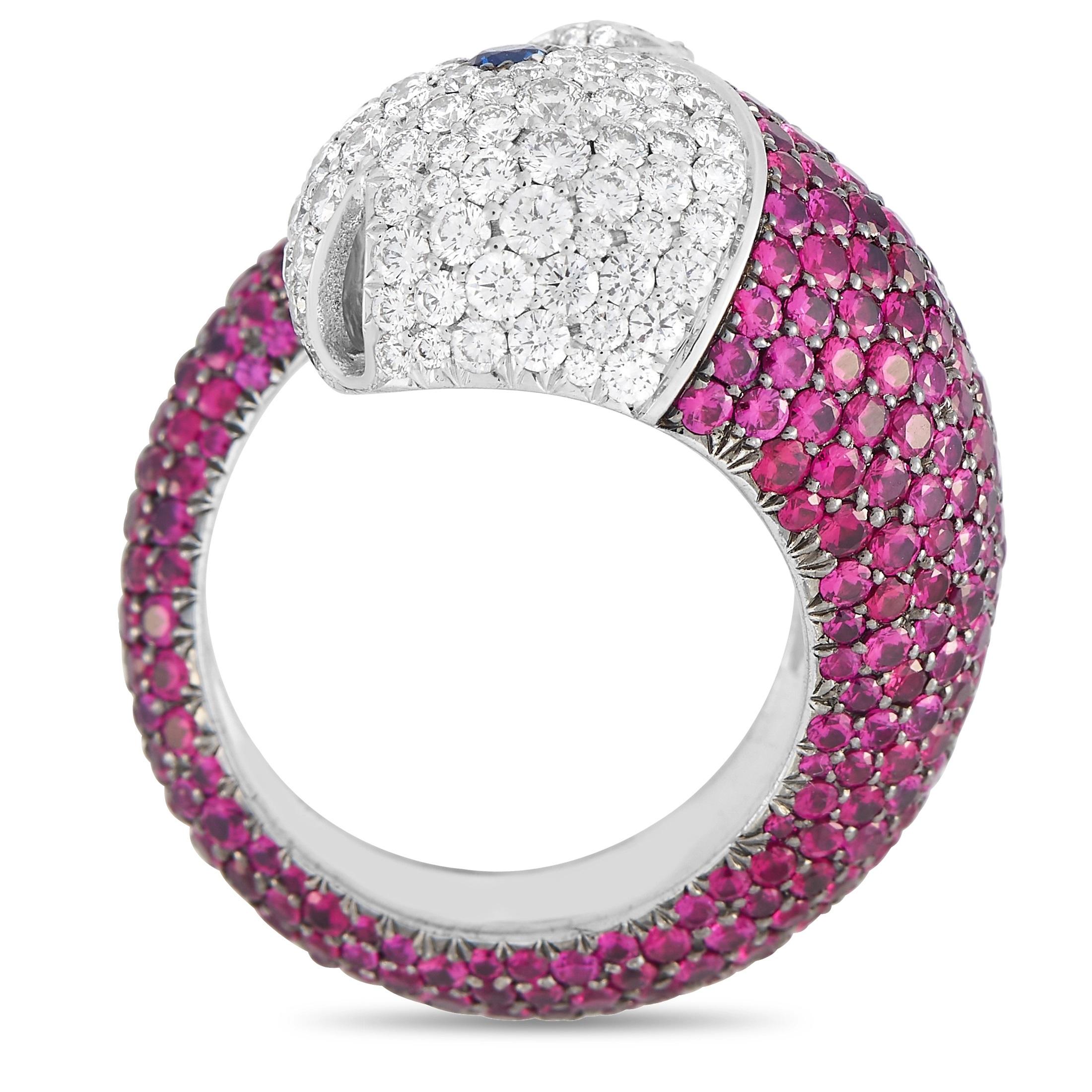It doesn’t get any more charming than this exquisite accessory from Chopard. The fabulous fish-shaped design comes to life thanks to glittering diamonds totaling 1.88 carats, a captivating array of rubies with a total weight of 5.52 carats, and a