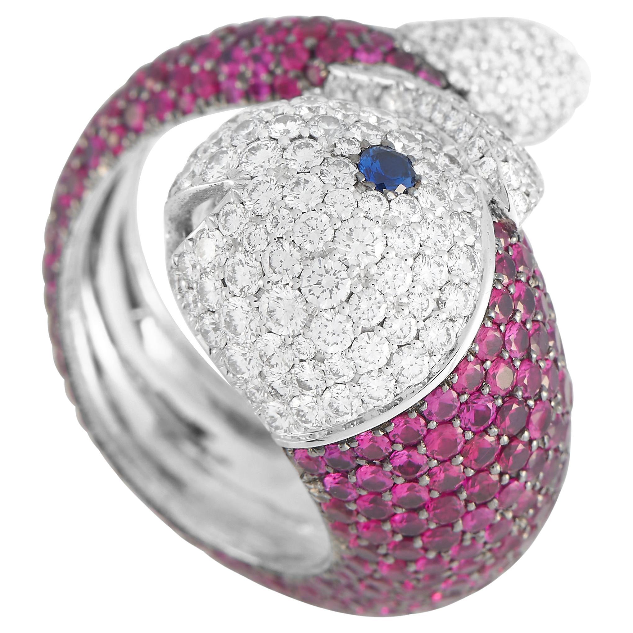 Chopard 18K White Gold 1.88 Ct Diamond, Ruby and Sapphire Fish Ring For Sale