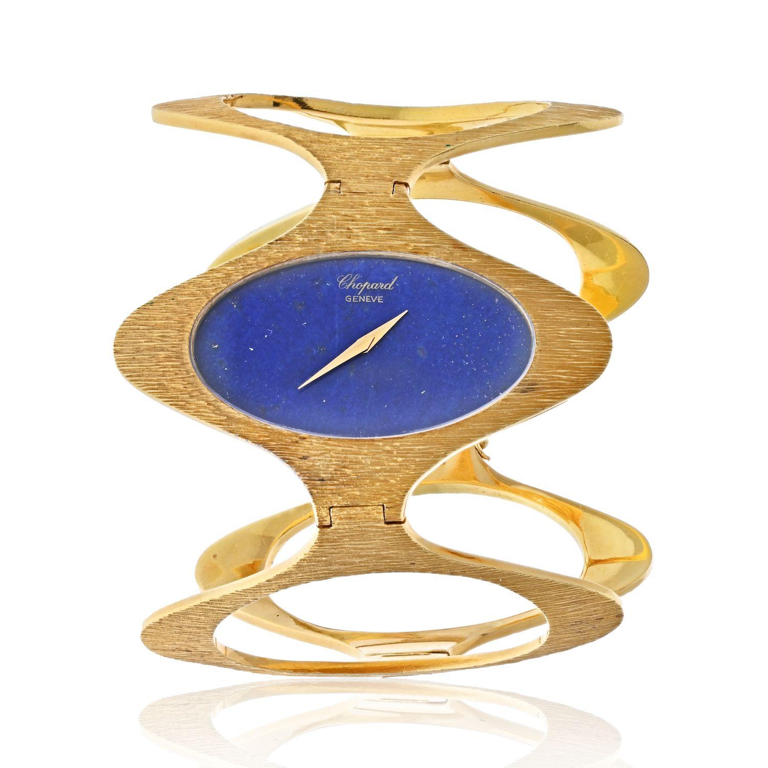 Women's Chopard 18K Yellow Gold 1970's Bark Finish Lapis Dial 1970's Wrist Watch For Sale