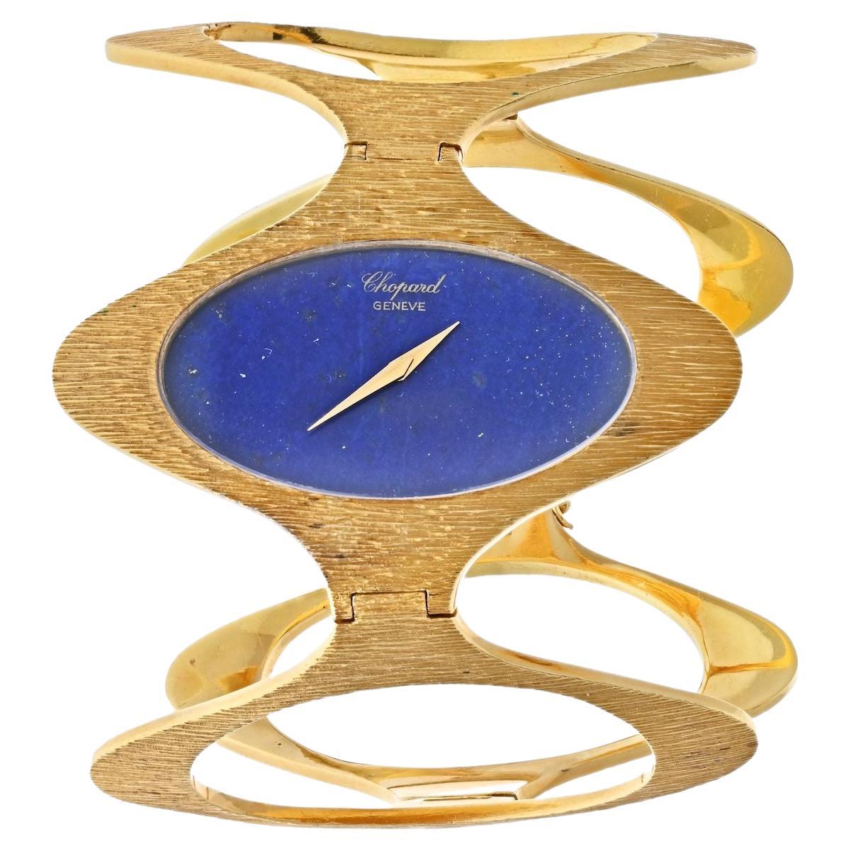 Montre-bracelet Chopard en or jaune 18 carats, finition écorce, cadran en lapis, années 1970