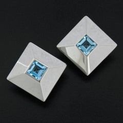 Chopard 18k White Gold 5.40ct Step Cut Blue Topaz Large Square Pyramid Earrings