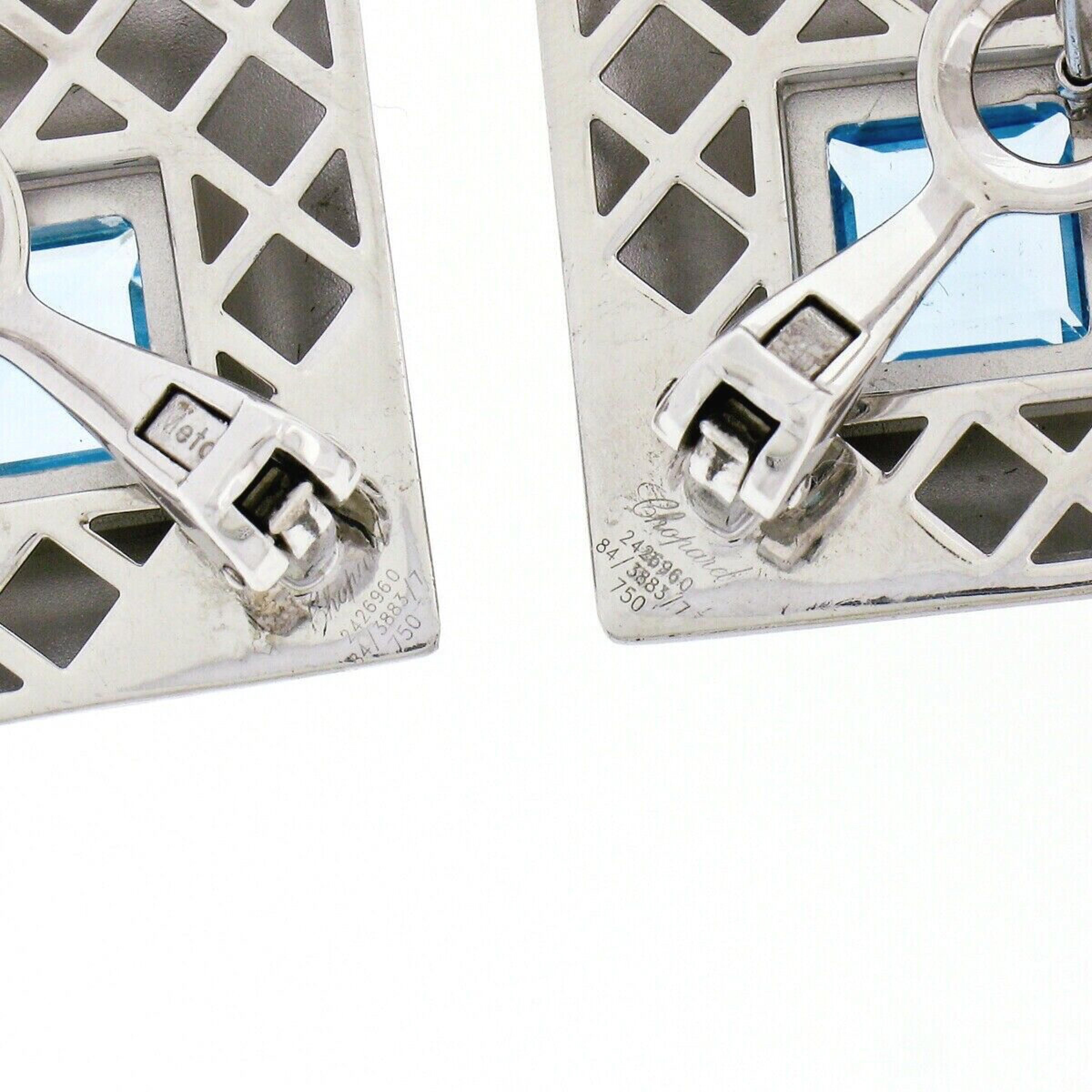 Chopard 18k White Gold 5.40ct Step Cut Blue Topaz Large Square Pyramid Earrings In Good Condition For Sale In Montclair, NJ