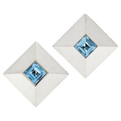 Chopard 18k White Gold 5.40ct Step Cut Blue Topaz Large Square Pyramid Earrings