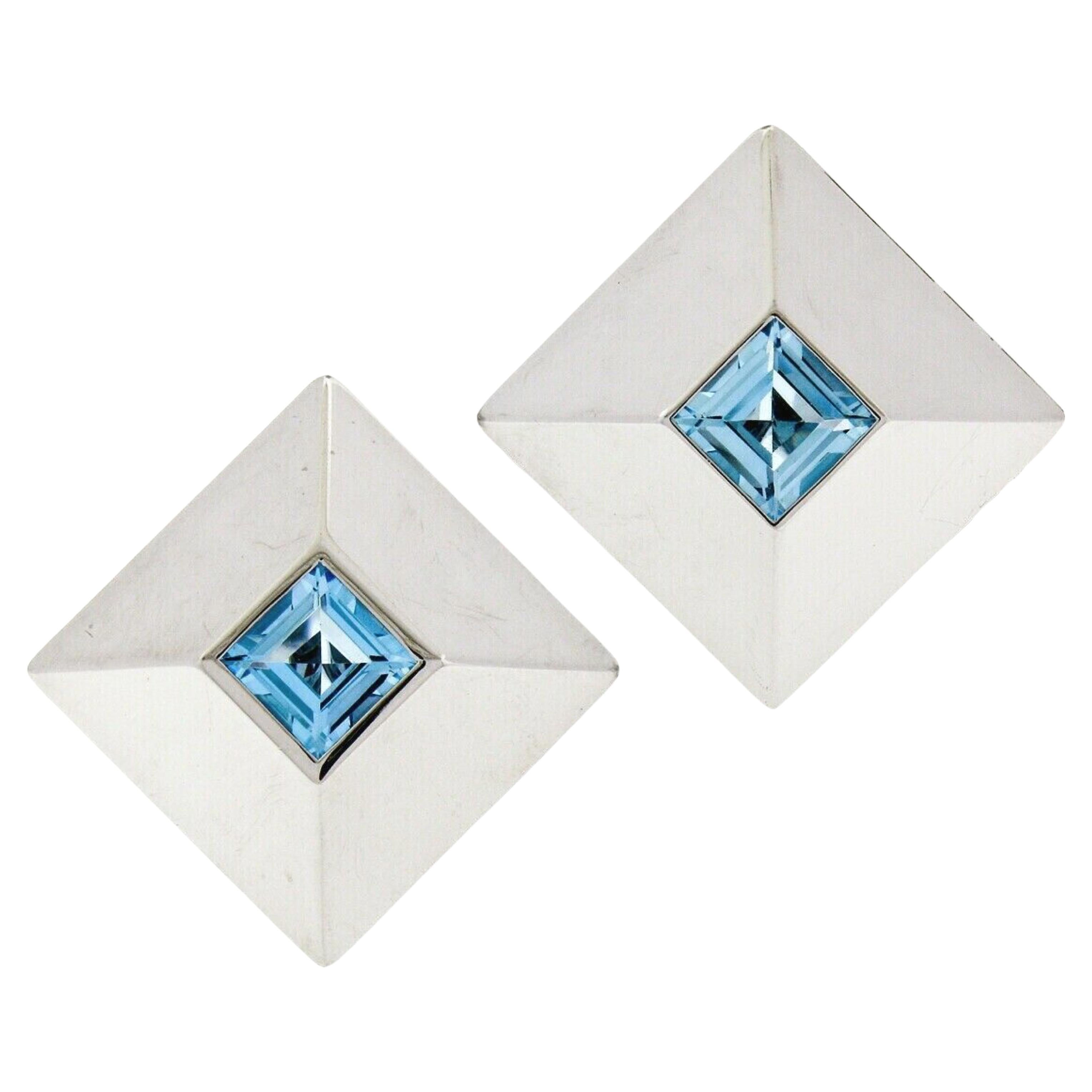 Chopard 18k White Gold 5.40ct Step Cut Blue Topaz Large Square Pyramid Earrings For Sale