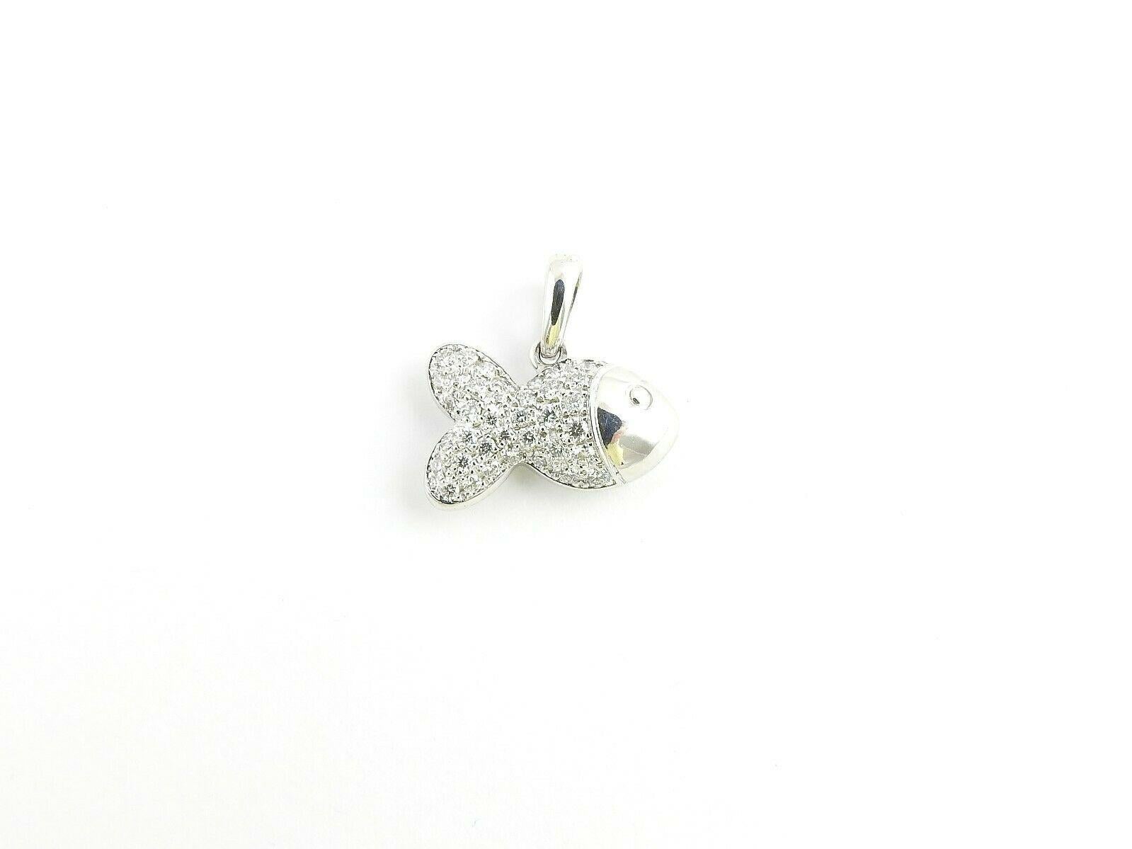 Chopard 18K White Gold and Pave Diamond Happy Fish Pendant

This authentic Chopard pendant is set with pave diamonds approx. .45 cts total weight

Pendant is approx. 17mm x 12 mm. Hangs approx. 16mm from top of bale.

Stamped Chopard 750 2867352