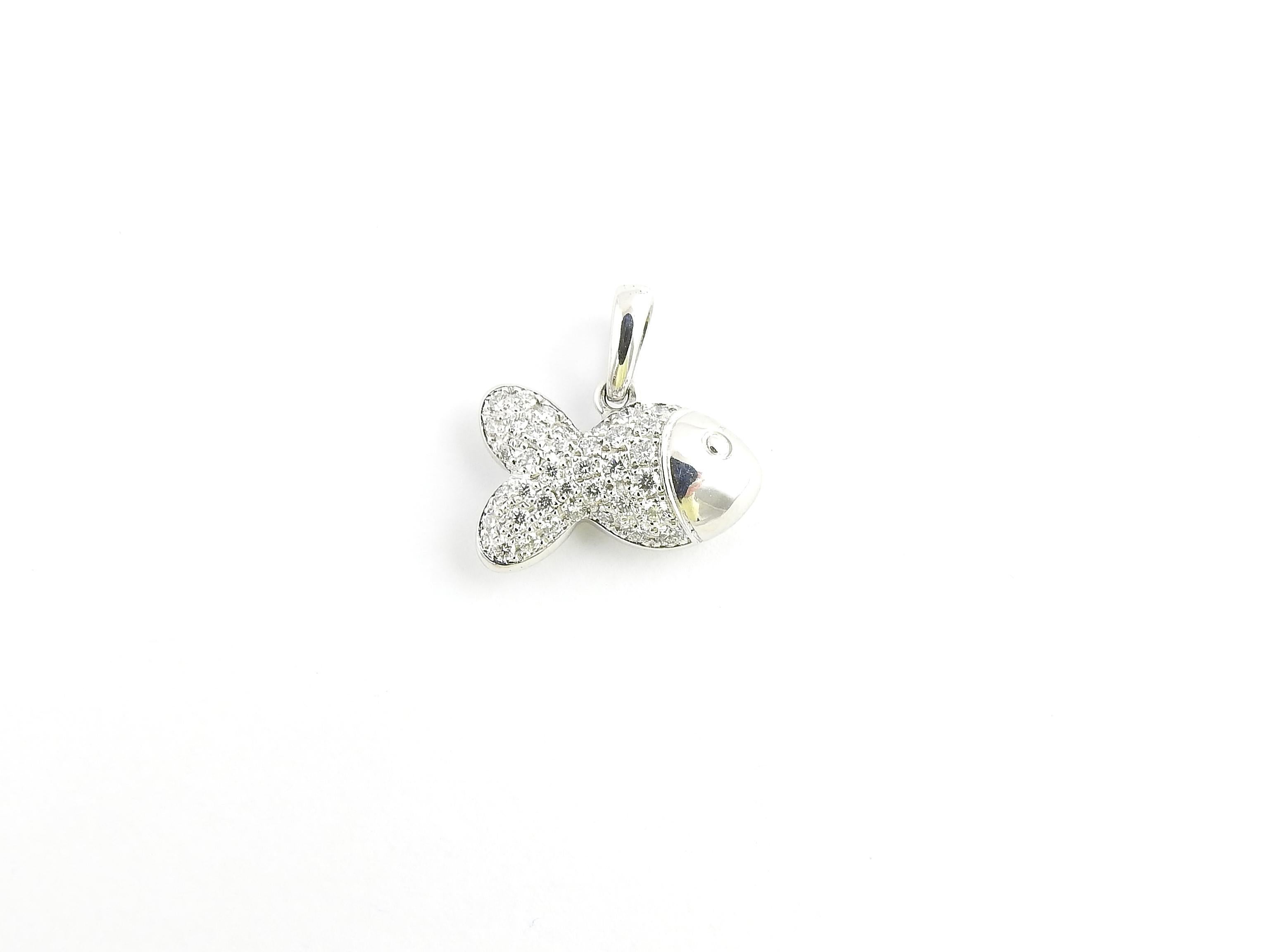 Chopard 18K White Gold and Pave Diamond Happy Fish Pendant

This authentic Chopard pendant is set with pave diamonds approx. .45 cts total weight

Pendant is approx. 17mm x 12 mm. Hangs approx. 16mm from top of bale.

Stamped Chopard 750 2867352 