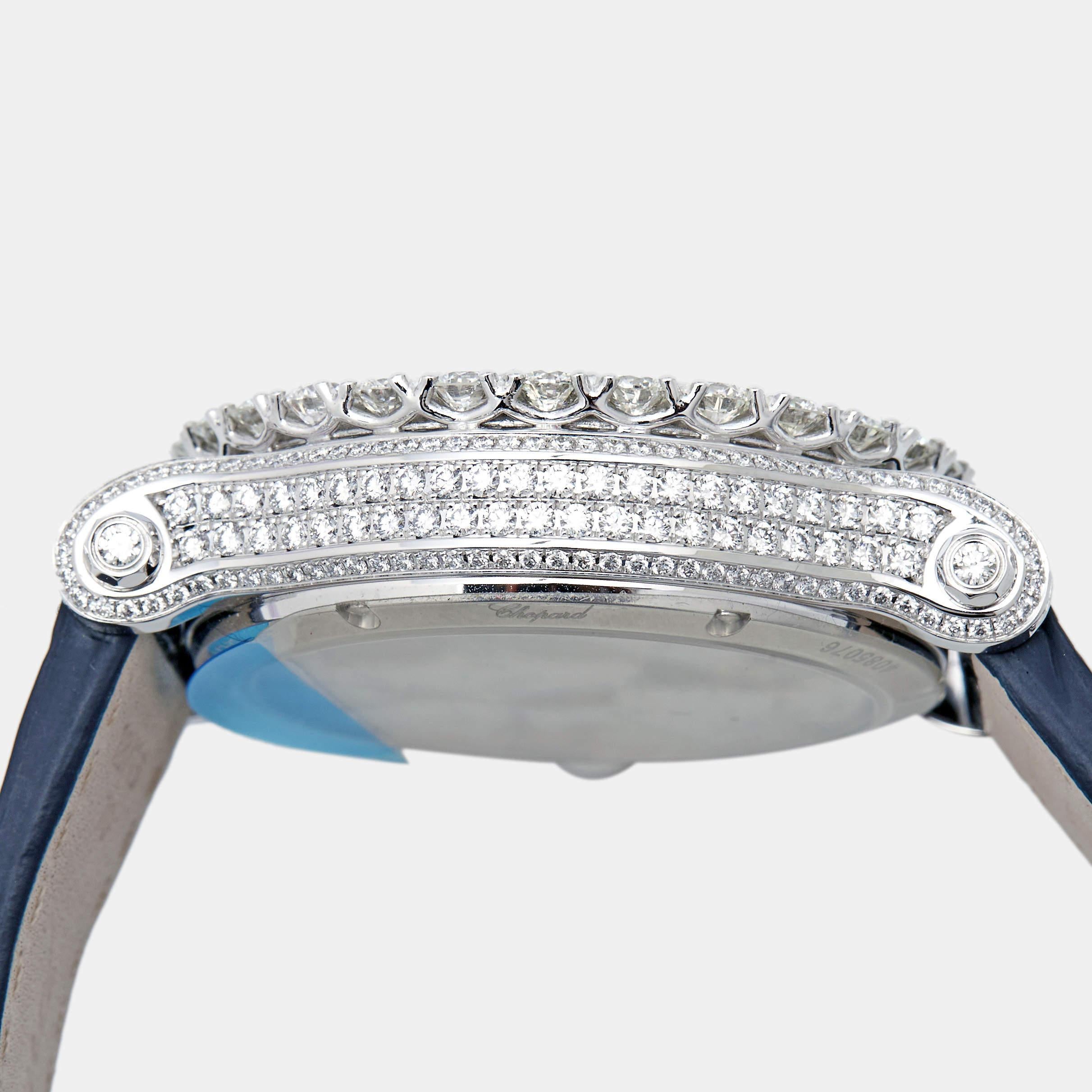 Chopard 18K White Gold Diamond Alligator Leather Women's Wristwatch 36 mm In Excellent Condition For Sale In Dubai, Al Qouz 2