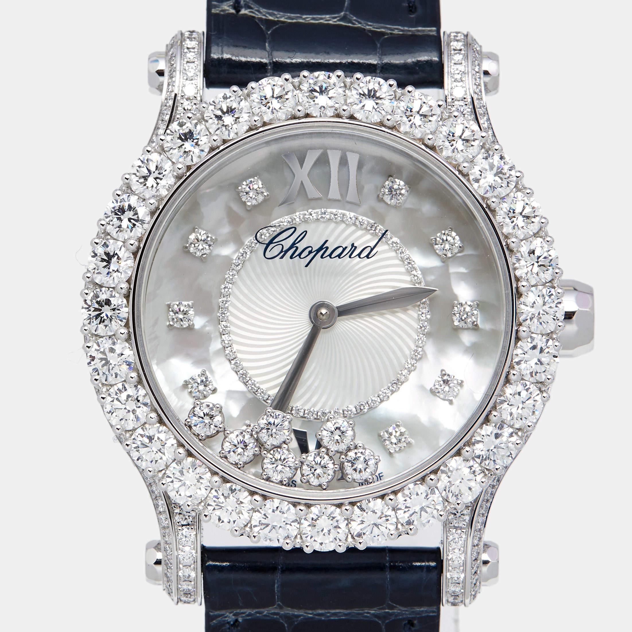 Chopard 18K White Gold Diamond Alligator Leather Women's Wristwatch 36 mm For Sale 4