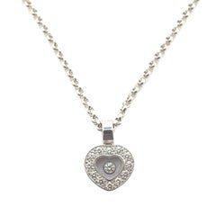 Chopard 18K White Gold Happy Floating Pave Diamond Heart Pendant Necklace 0.25Ct