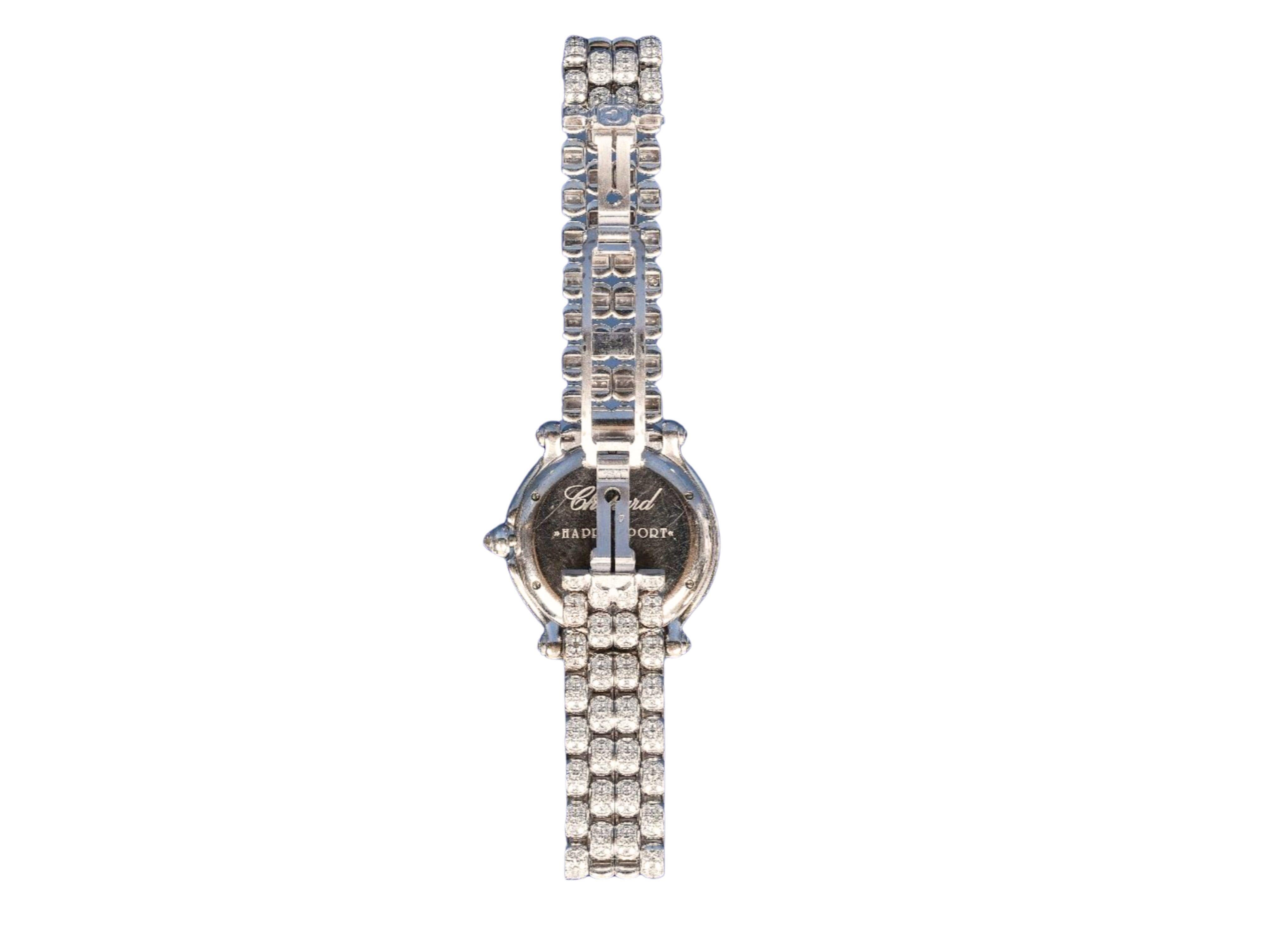 Round Cut Chopard 18k White Gold Happy Sport 26mm Ladies Diamond Quartz Bracelet Watch For Sale