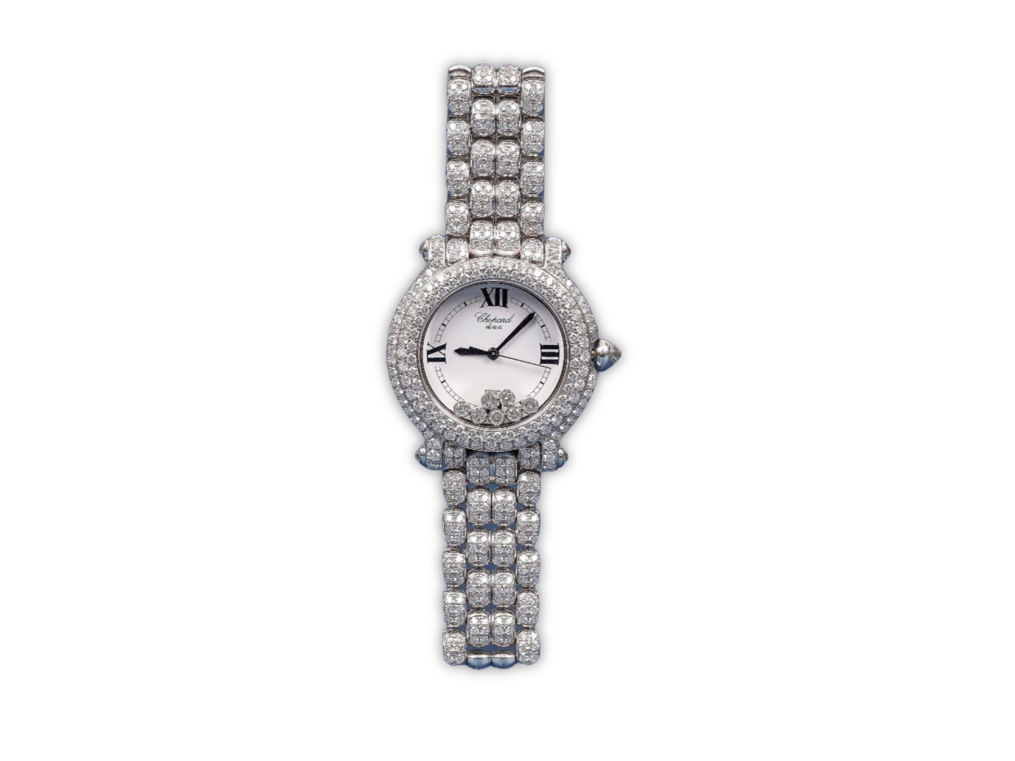 Chopard, montre-bracelet Happy Sport 26 mm en or blanc 18 carats avec quartz et diamants pour femmes Bon état - En vente à Miami, FL