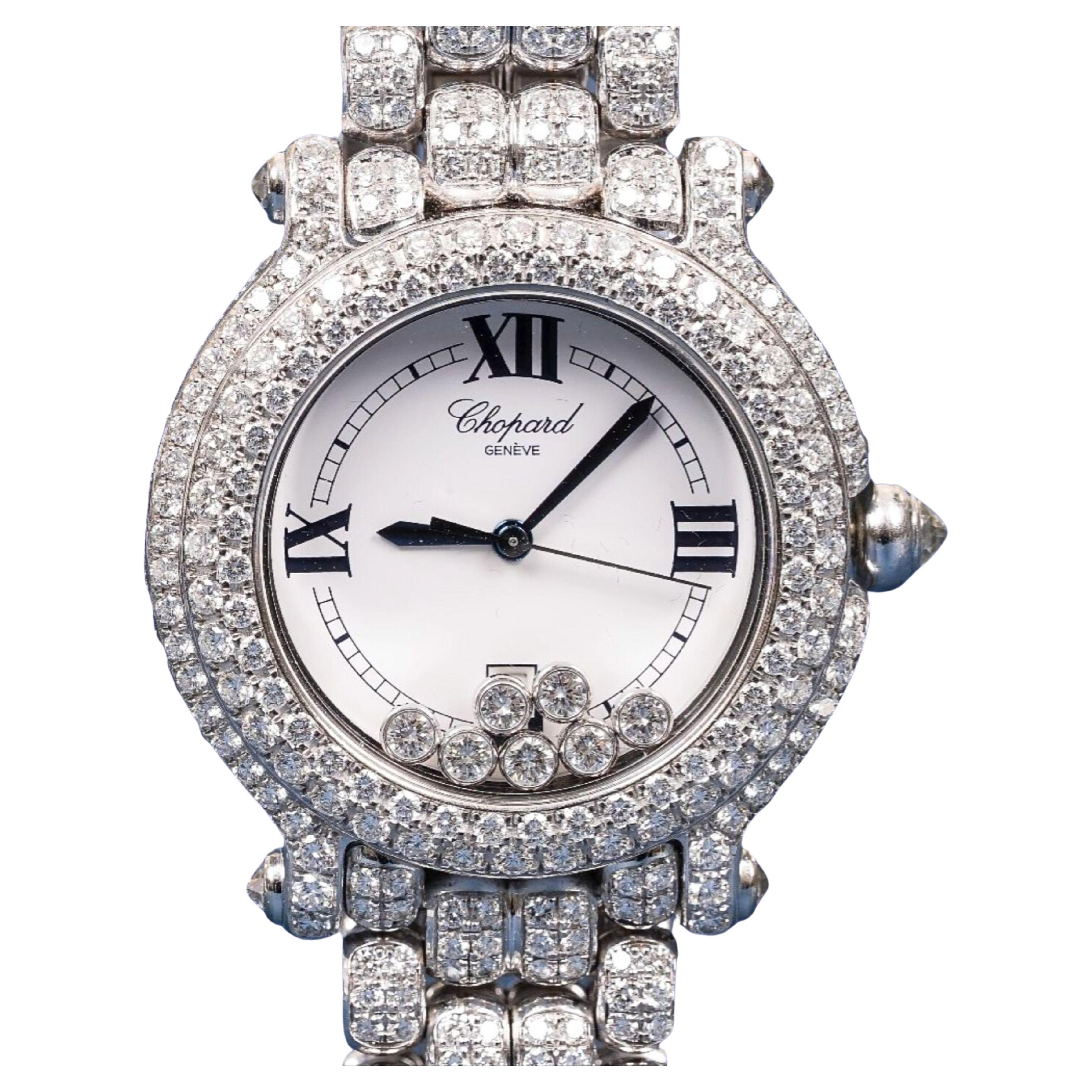 Chopard, montre-bracelet Happy Sport 26 mm en or blanc 18 carats avec quartz et diamants pour femmes en vente